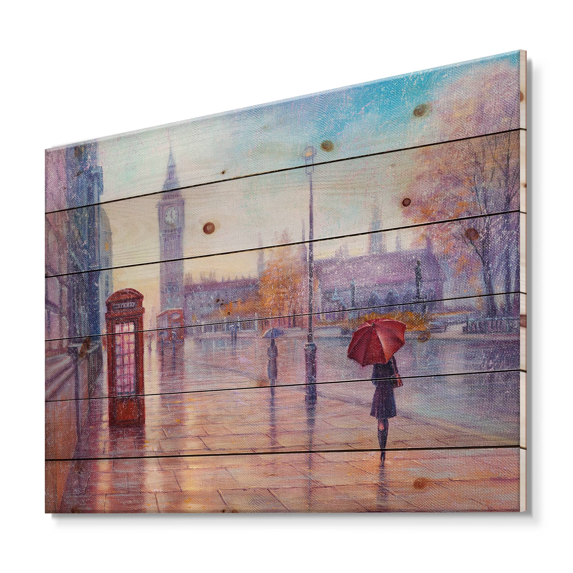 Designart - Big Ben and Woman With Red Umbrella In London - French Country Print on Natural Pine Wood