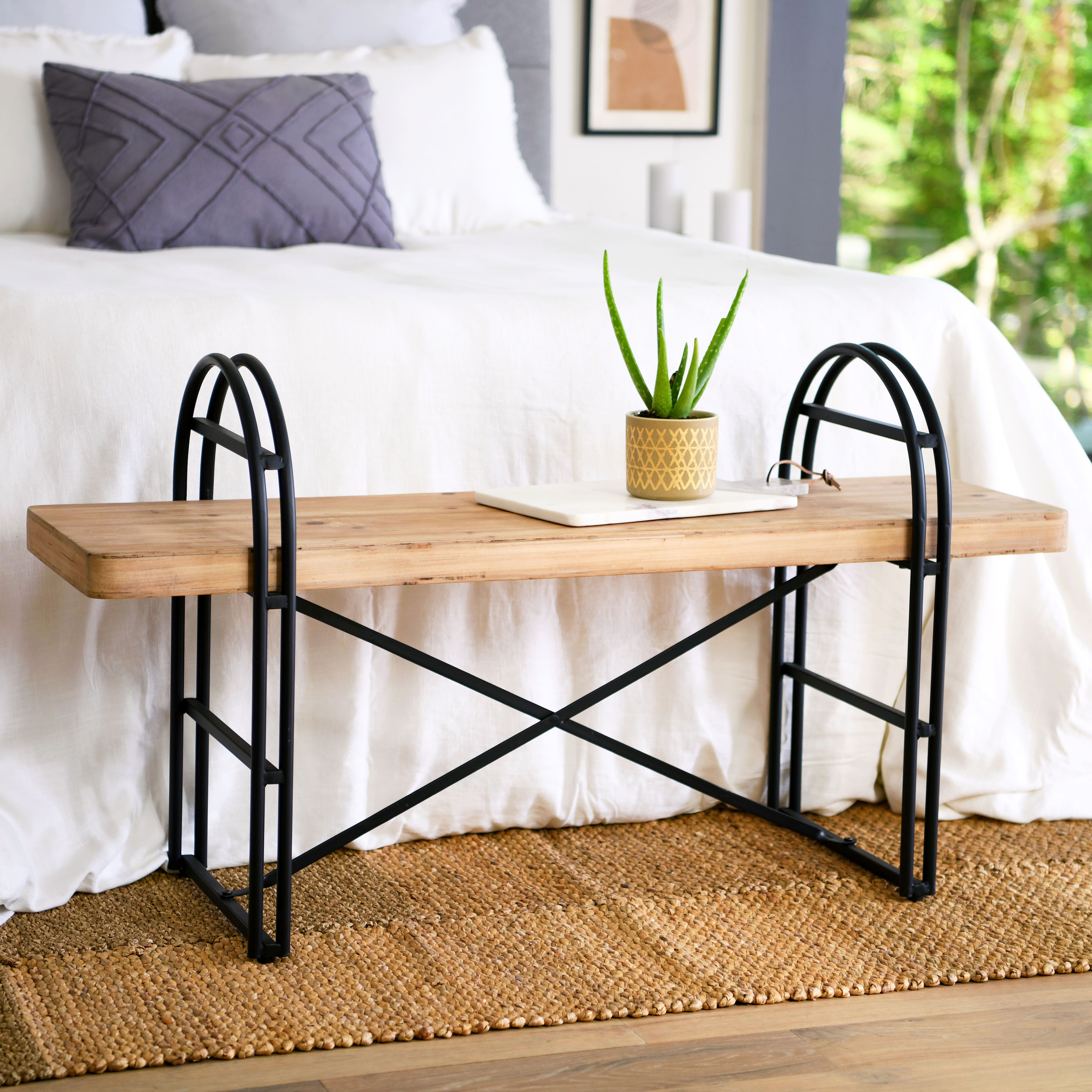 Hello Honey® 48" Blonde Nordic Fir Wood & Black Iron Bench