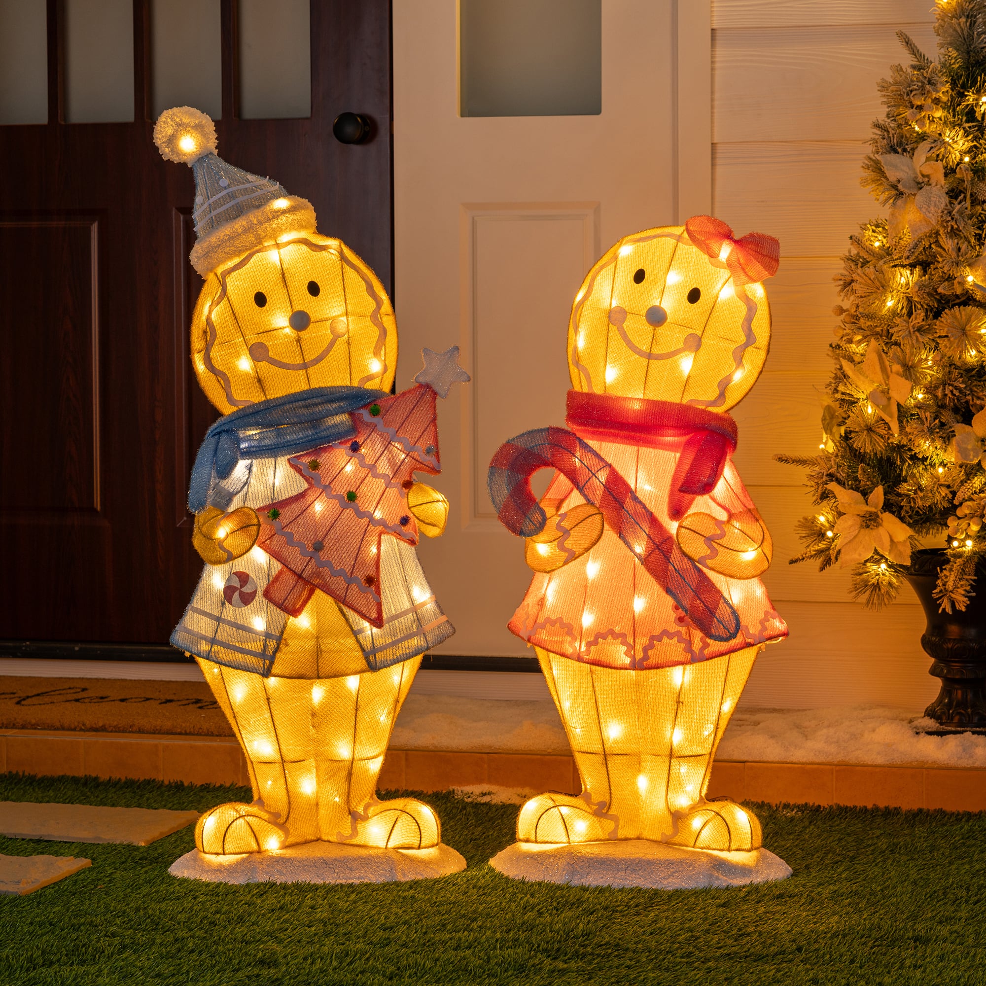 Glitzhome® 41.25" Christmas 3D Fabric Gingerbread Men with 120 Warm White LED Lights Set