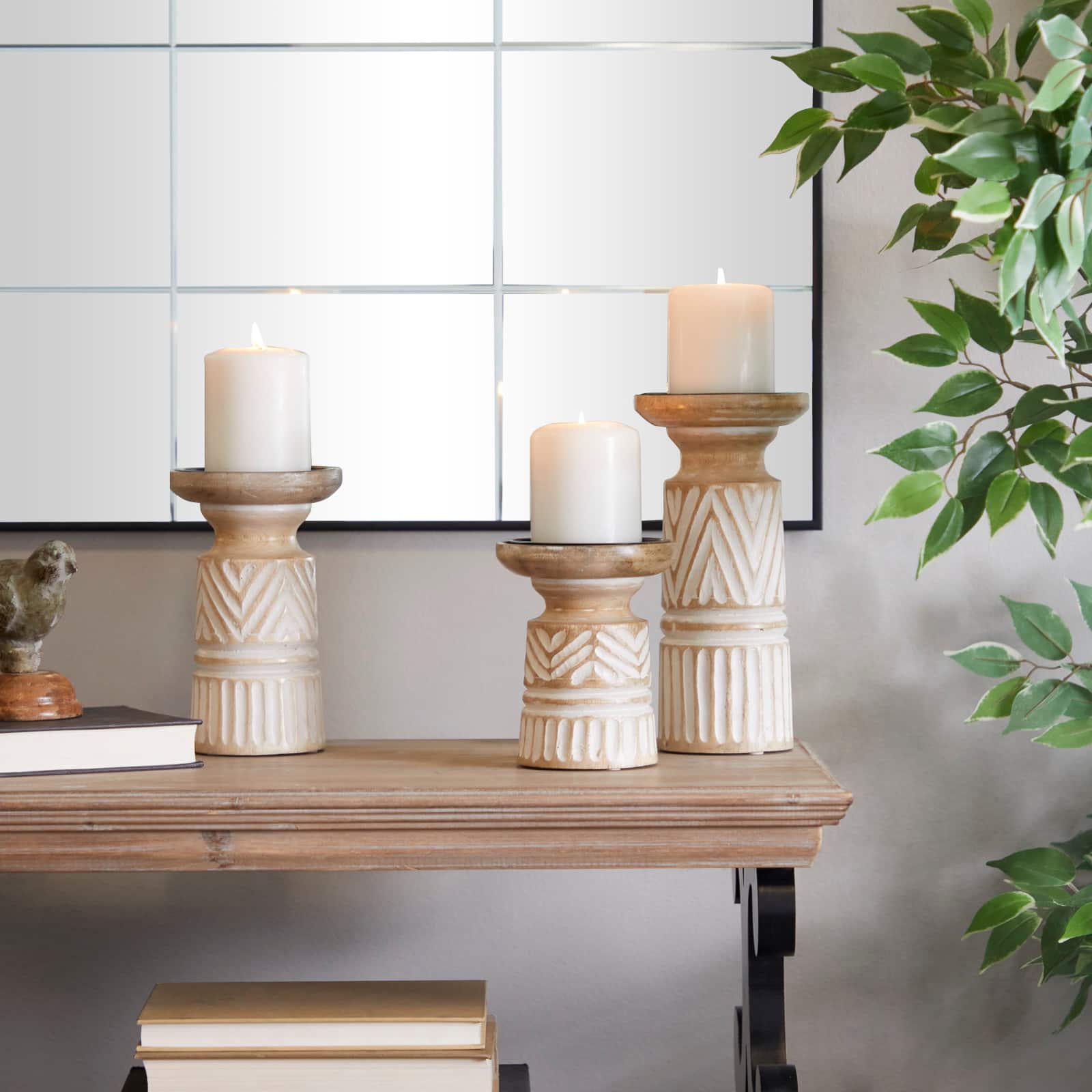 Light Brown Mango Wood Carved Tribal Pillar Candle Holder Set