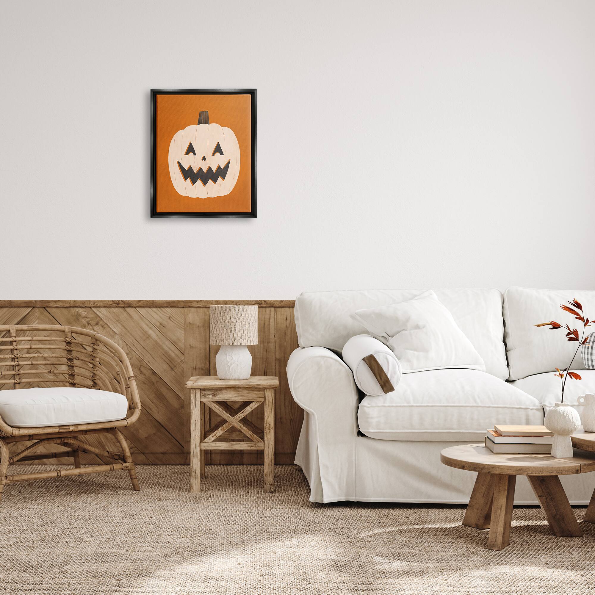 Stupell Industries Happy Jack-o-Lantern Halloween Pumpkin Framed Floater Canvas Wall Art