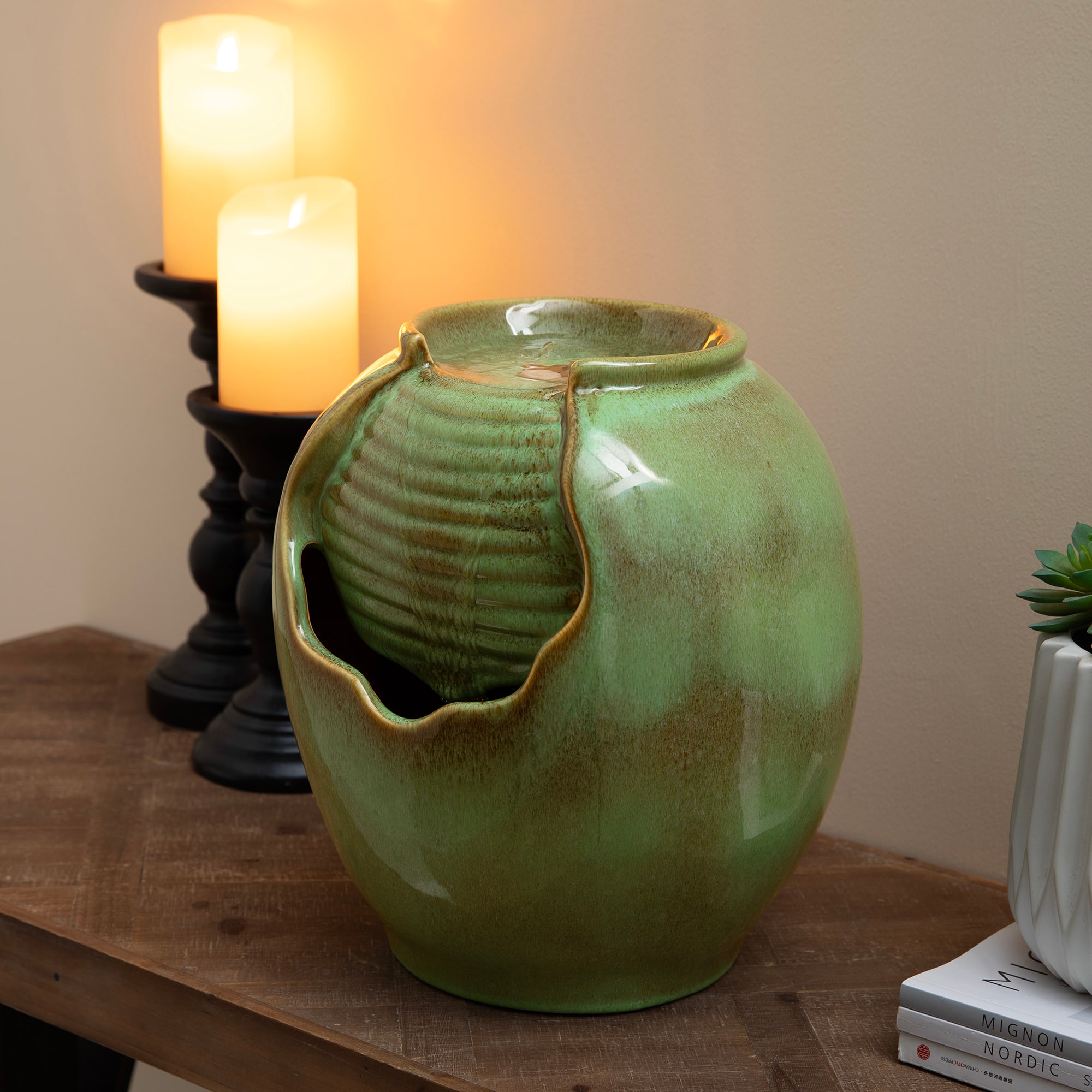 Glitzhome® 11.5" Sage Green Pot Tabletop Fountain with Pump