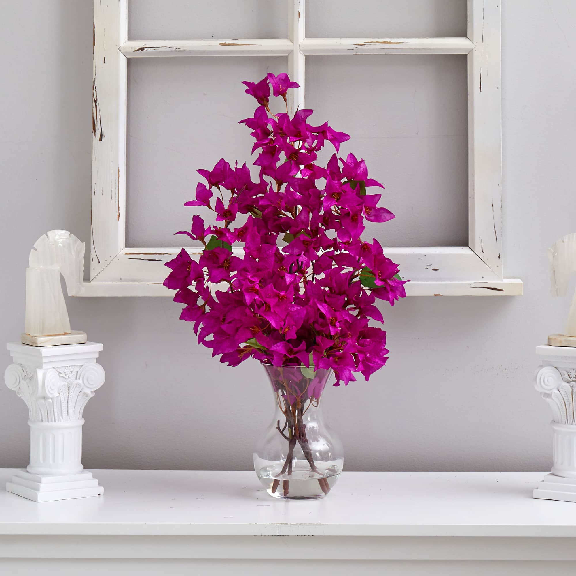 22" Artificial Purple Bougainvillea Arrangement with Fluted Glass Vase