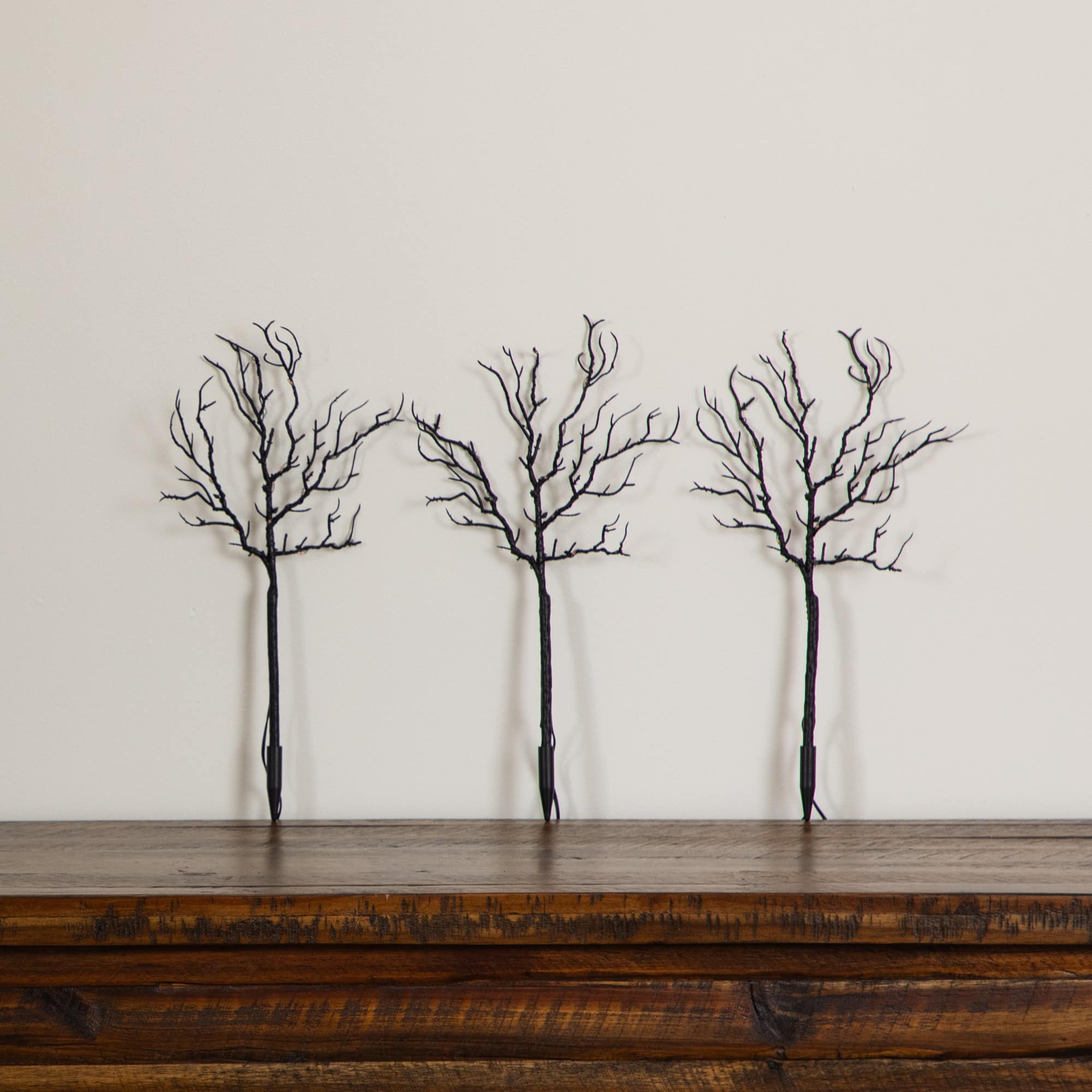 14in. Pre-Lit Artificial Halloween Black Twig Branches with 45 Orange LED Lights and Integrated Ground Stake - Set of 3