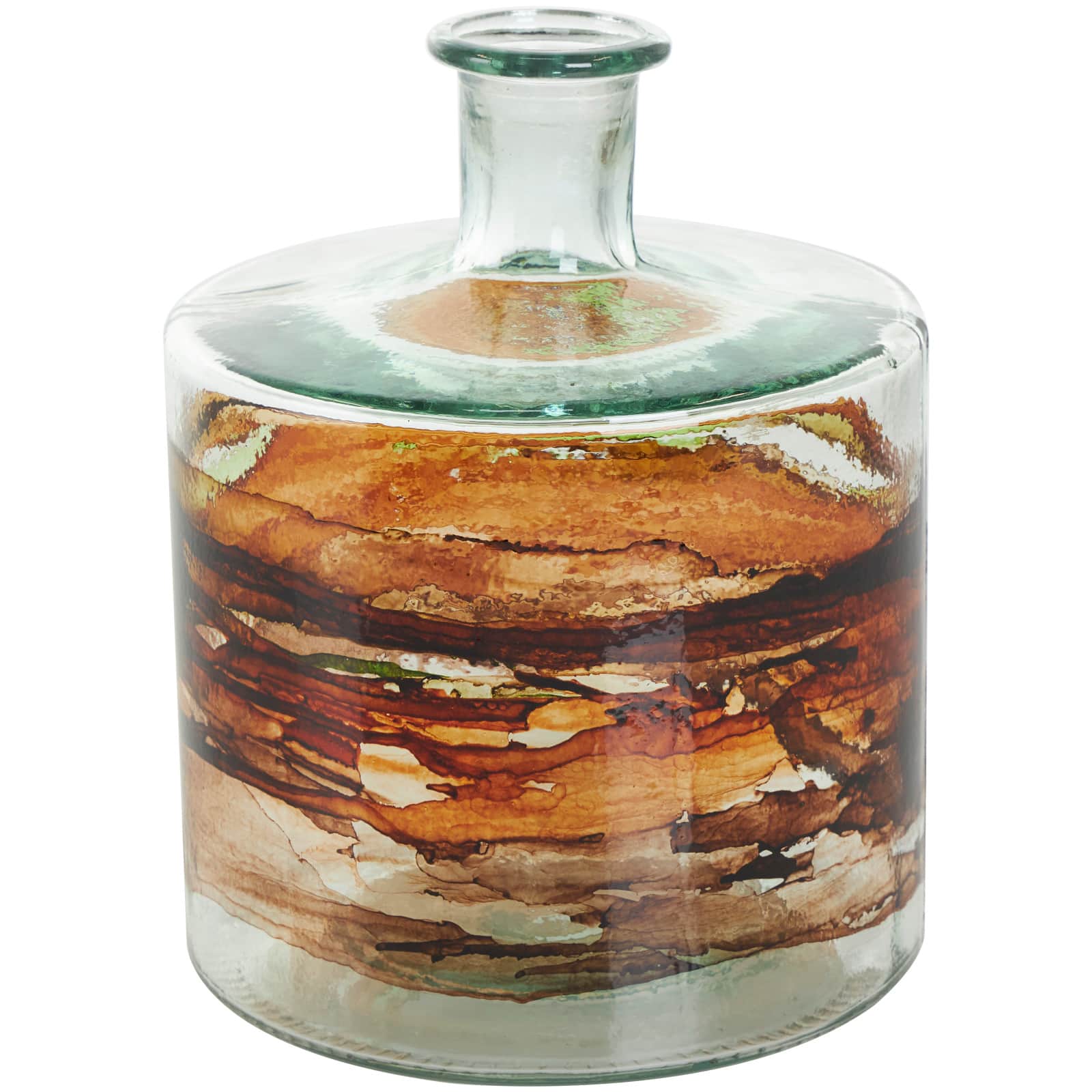 10" Clear & Brown Swirl Abstract Spanish Bottle Recycled Glass Vase