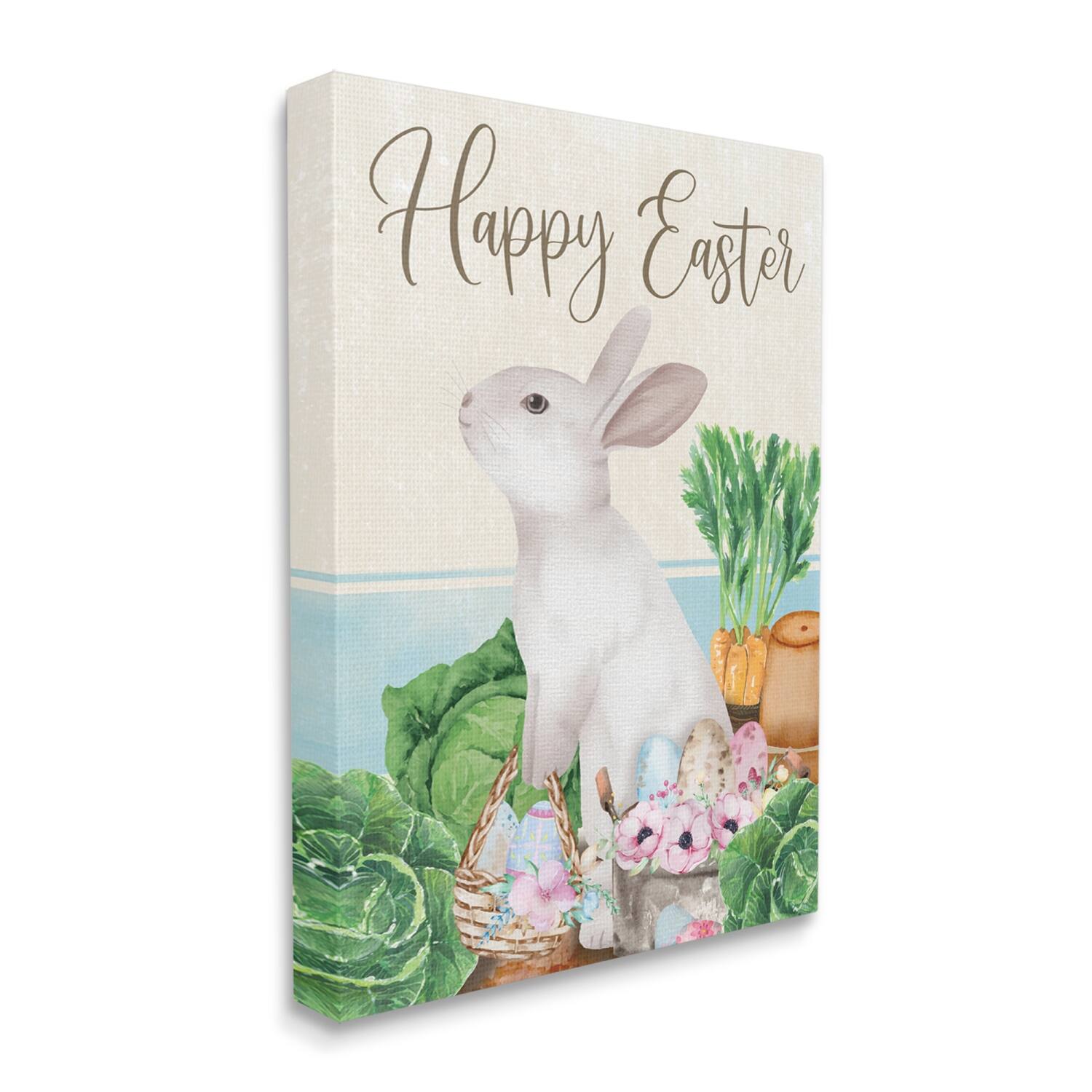 Stupell Industries Happy Easter Bunny Rabbit Greens Eggs Basket Canvas Wall Art