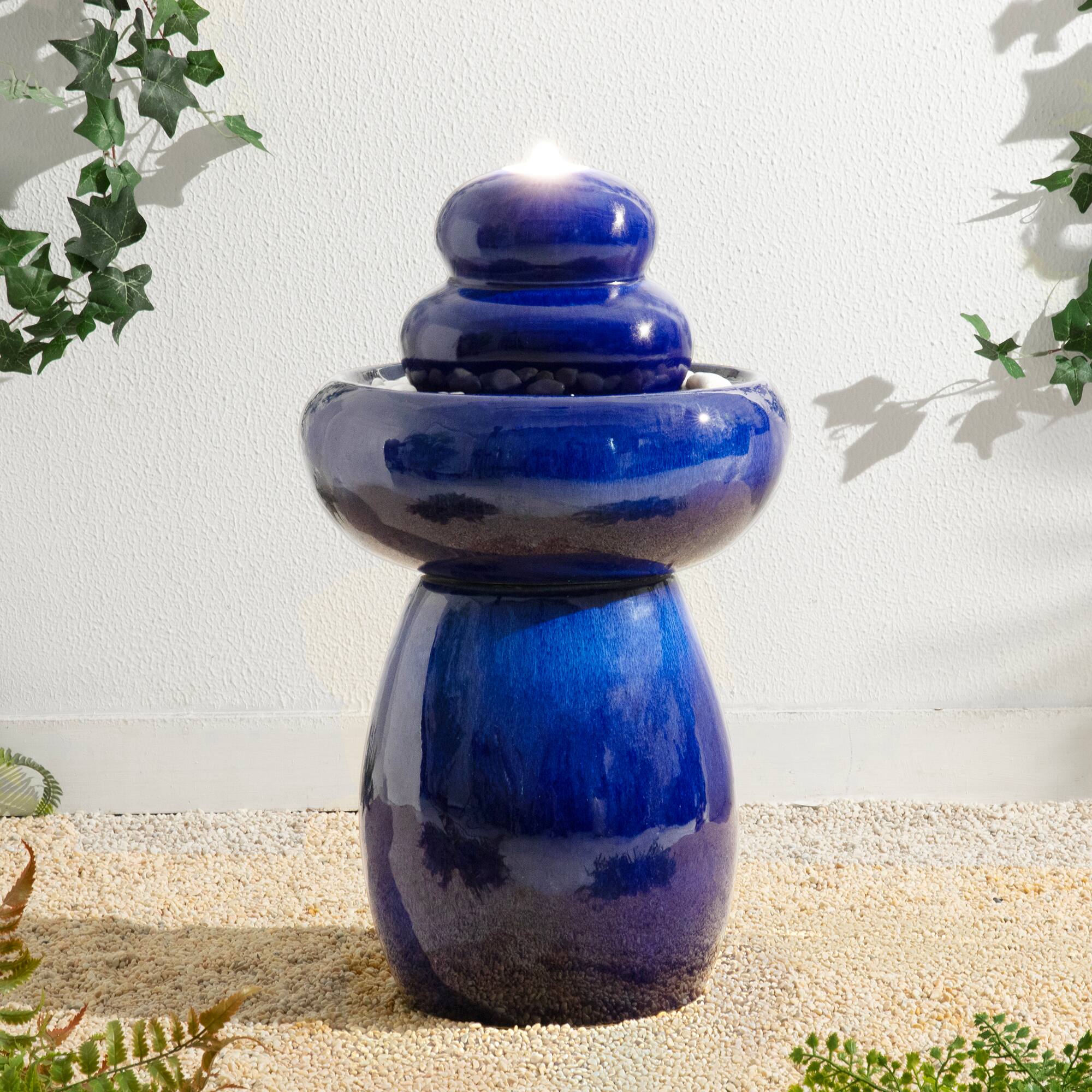 Glitzhome® 22" Zen-Style LED Cobalt Blue Pebble Outdoor Fountain