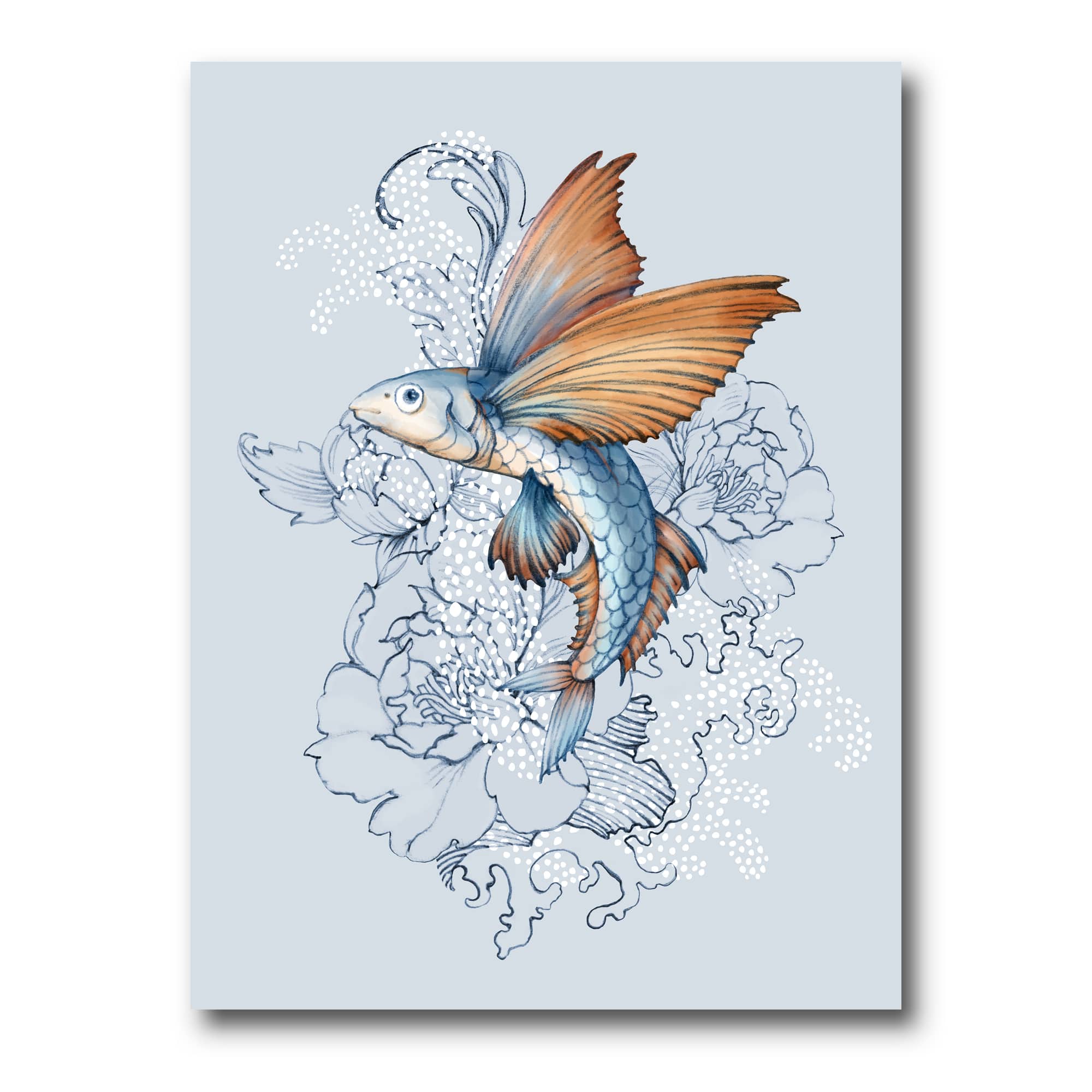 Designart - Flying Fish On Peonies - Traditional Canvas Wall Art Print