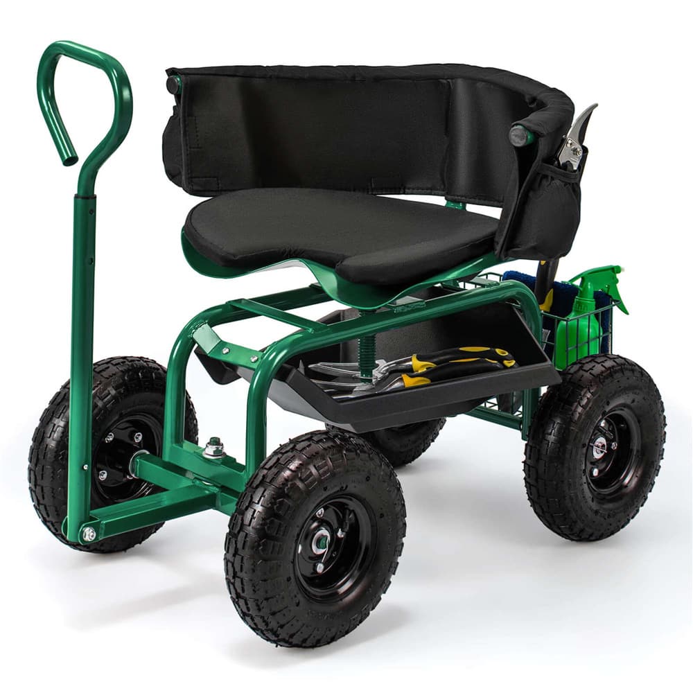 Costway Height-Adjustable Rolling Garden Cart Scooter with Swivel Seat, Tool Tray & Storage Basket