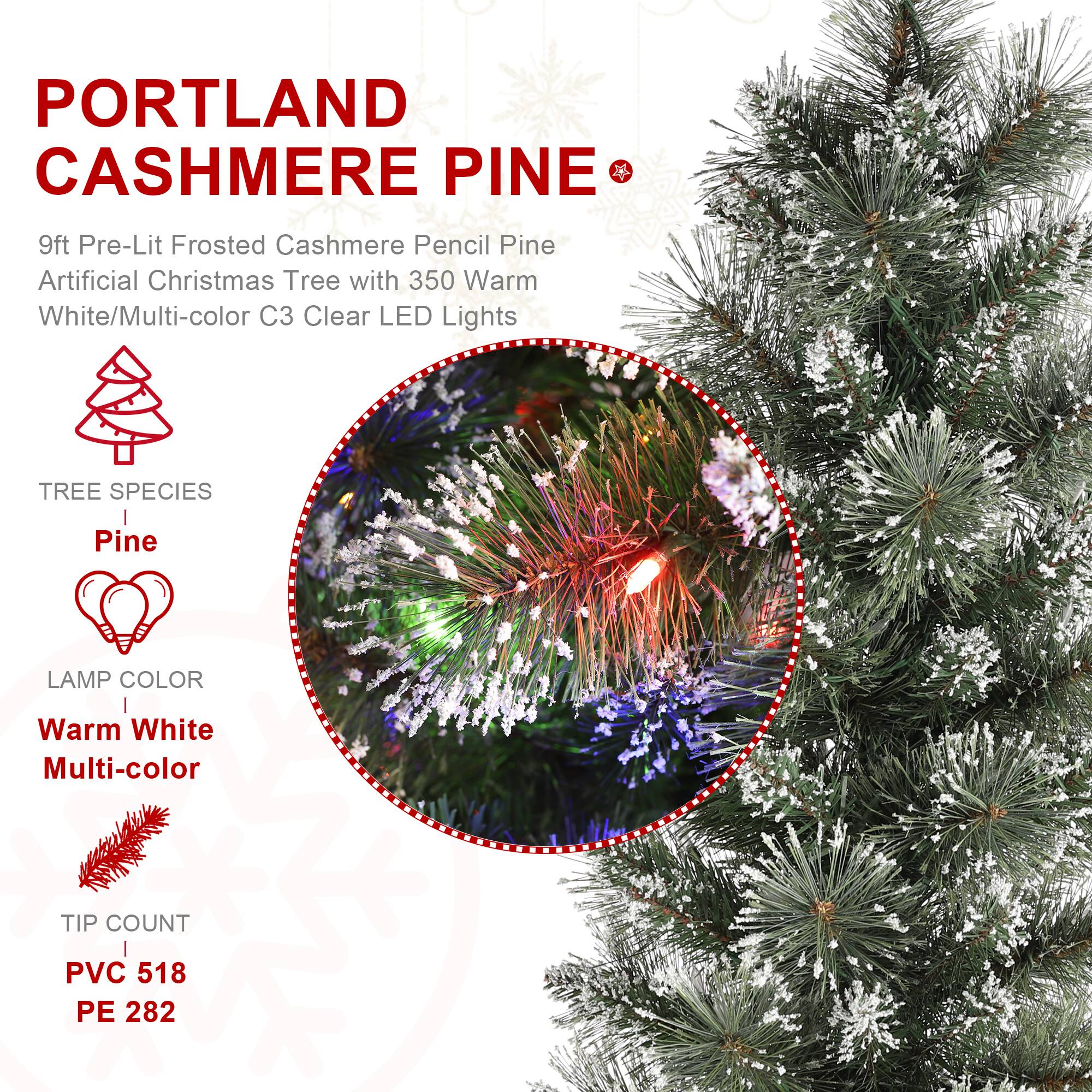 Glitzhome® 9ft Pre-Lit Frosted Cashmere Pencil Pine Artificial Christmas Tree, Multicolor LED Lights