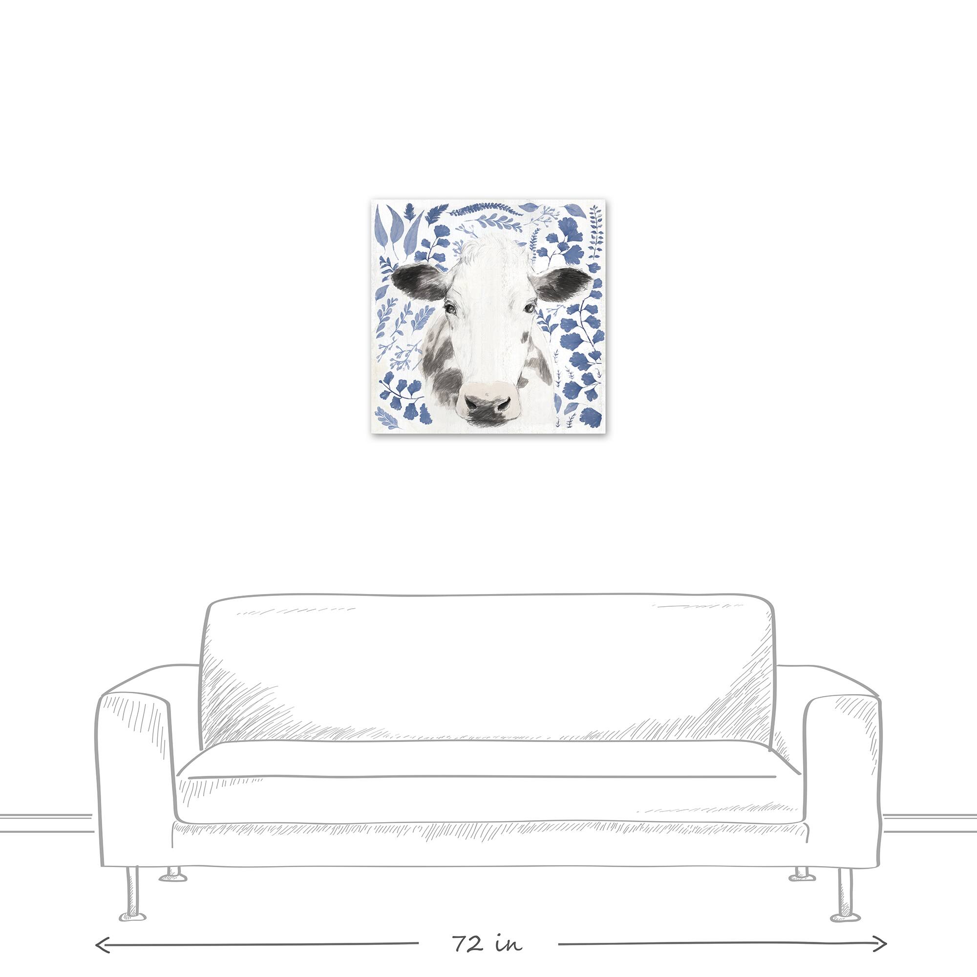 Navy Botanical Cow 24" x 24" Canvas Wall Art