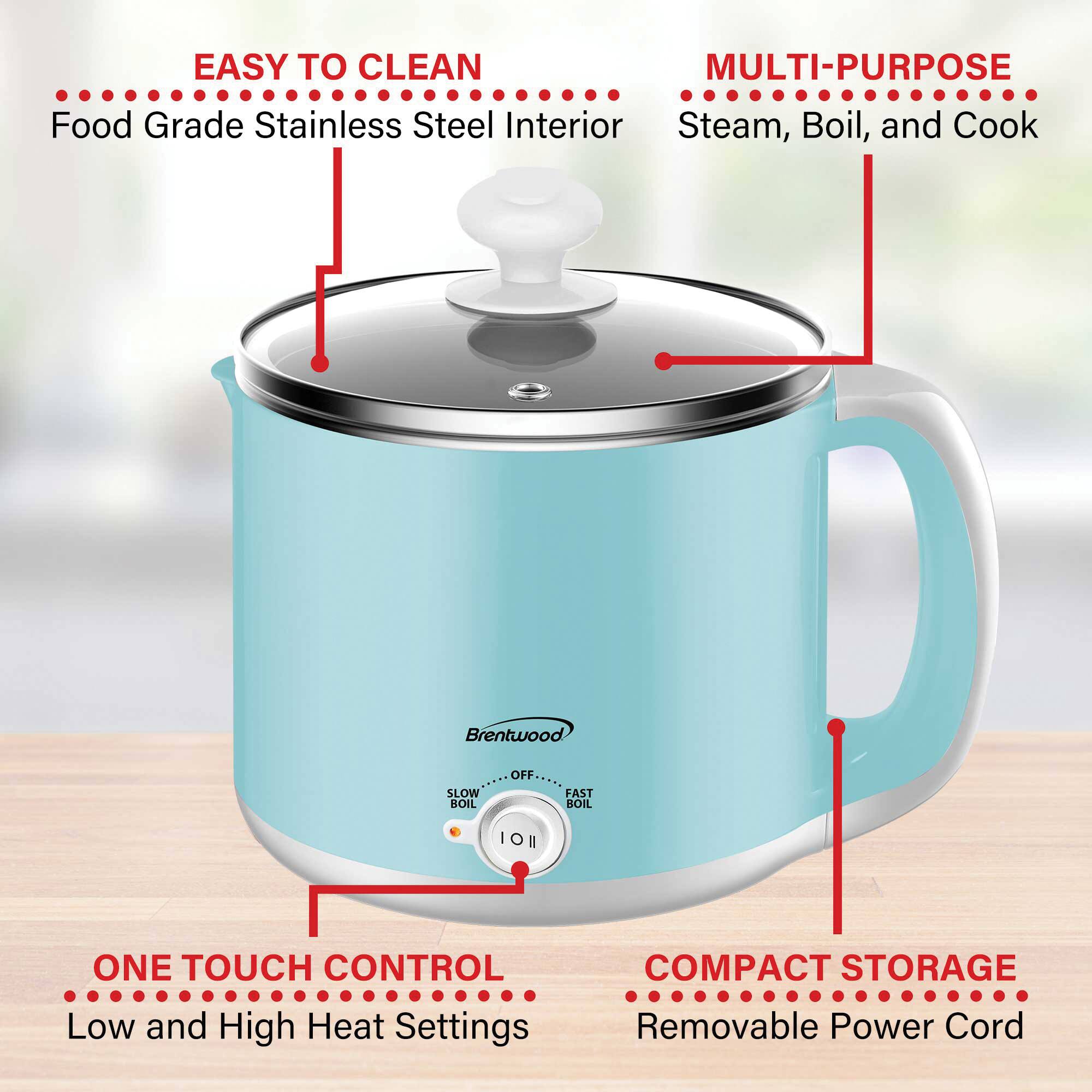 Brentwood Blue 1.6qt. 600 Watt Stainless Steel Electric Hot Pot Cooker & Food Steamer