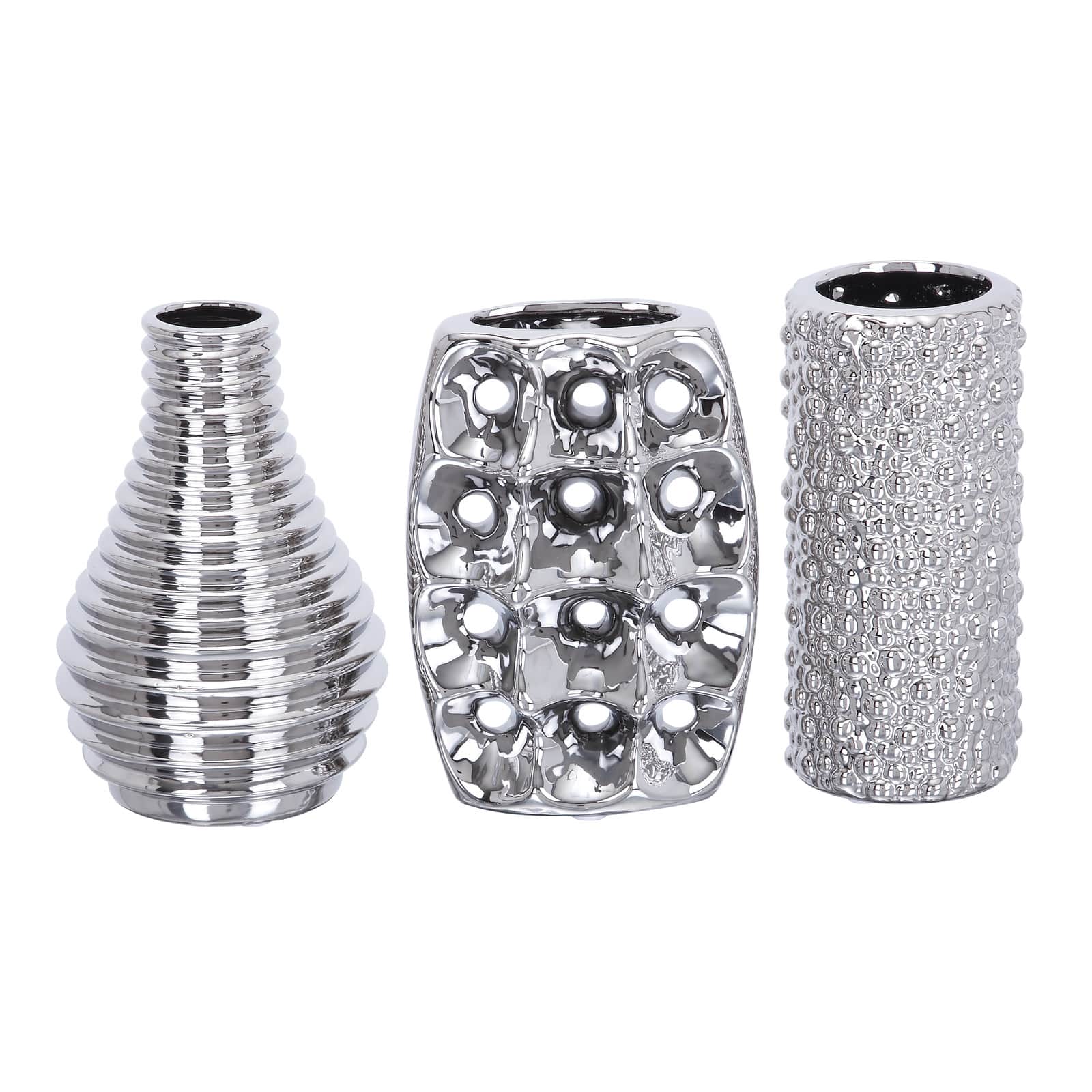 Set of 3 Silver Ceramic Glam Vase, 8" x 5"