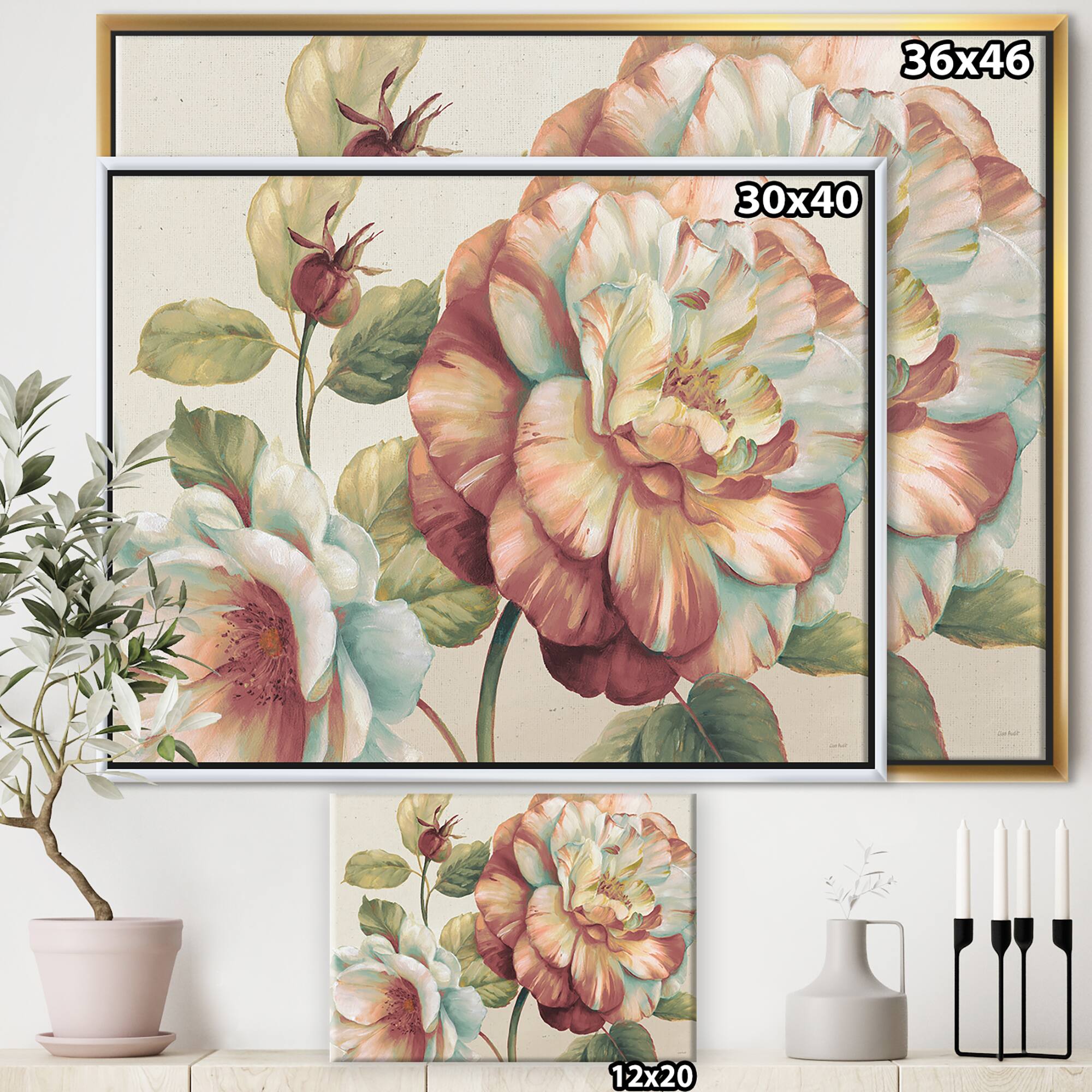 Designart - Romantic Dark Rose Blossing Flowers - Floral Canvas in Gold Frame