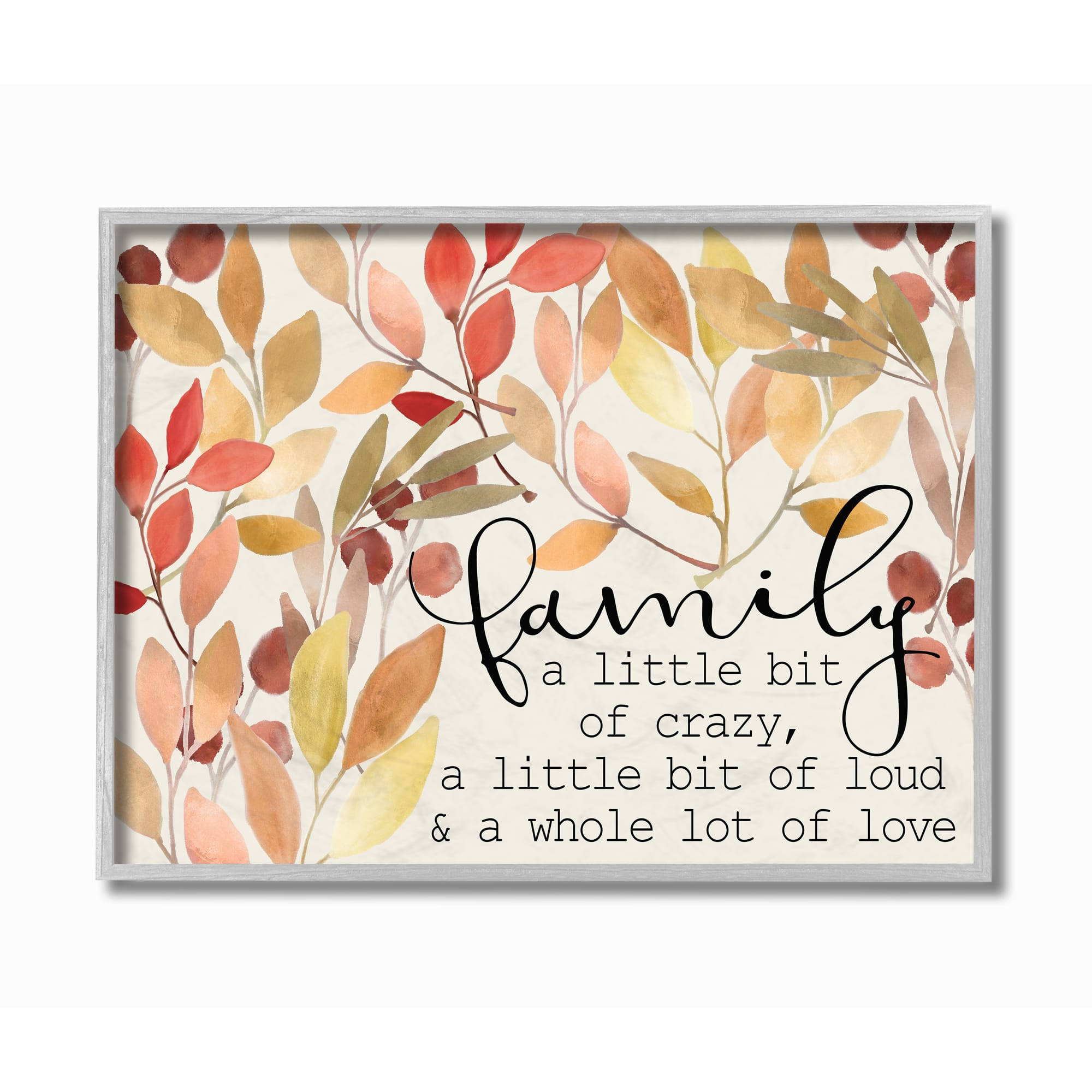 Stupell Industries Love Family Home Inspirational Word Leaves Red Yellow Design in Gray Frame Wall Art