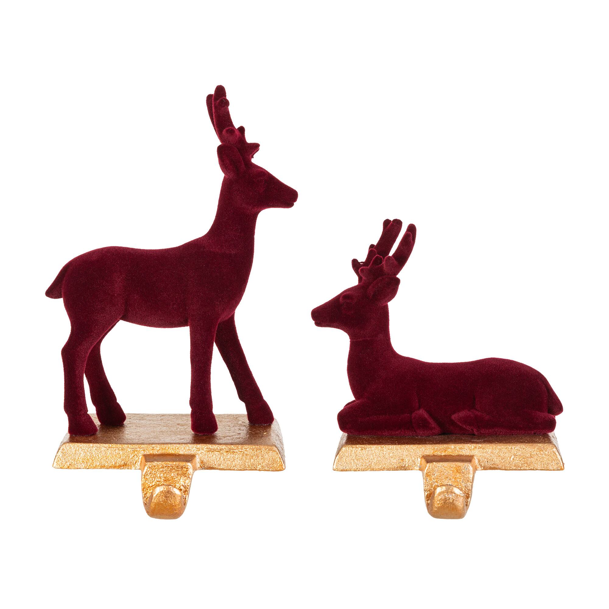 Glitzhome® Set of 2 Flocked Burgundy Resin Standing & Sitting Reindeer Stocking Holders