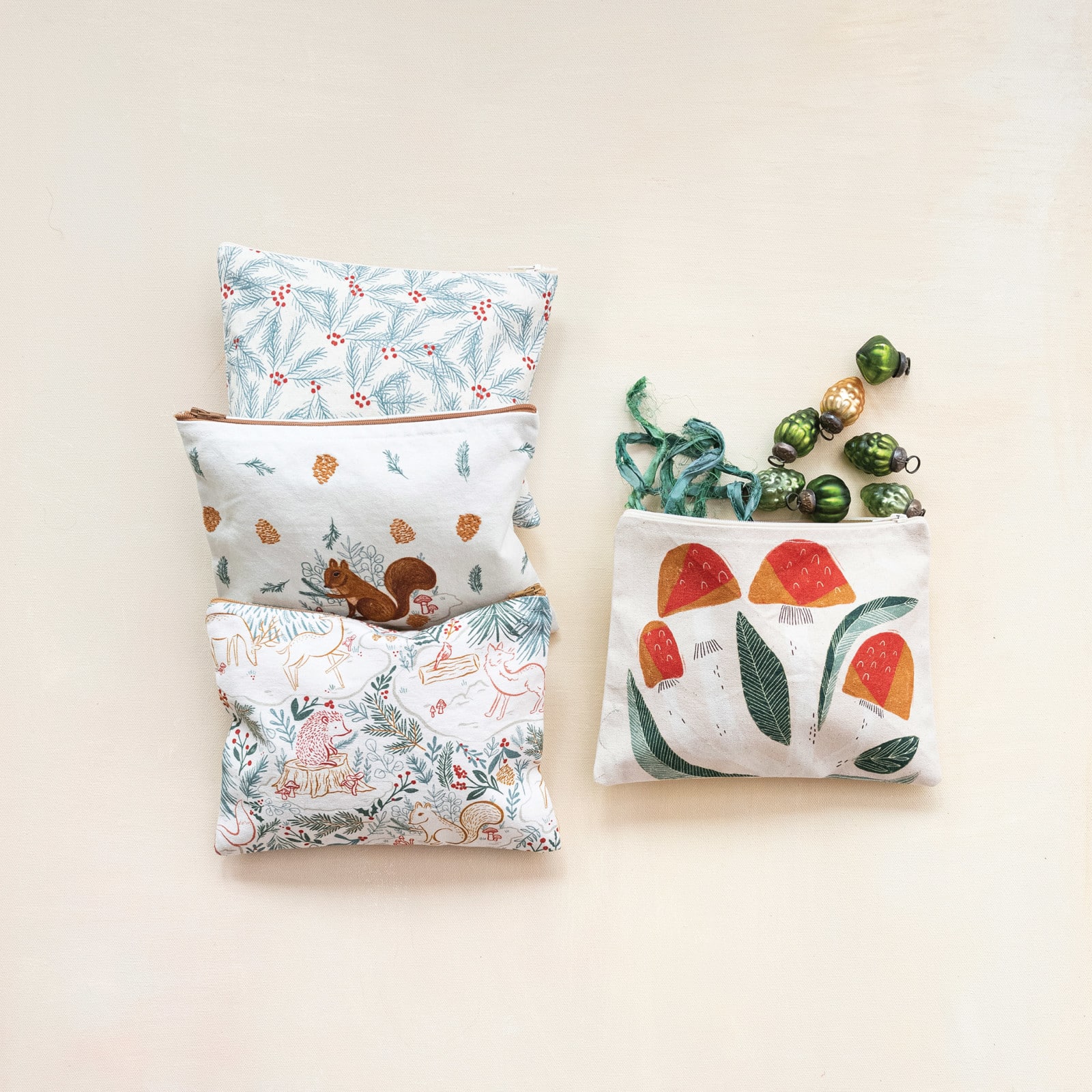 Hello Honey® Cotton Printed Zip Pouch Set with Woodland Flora & Fauna Patterns