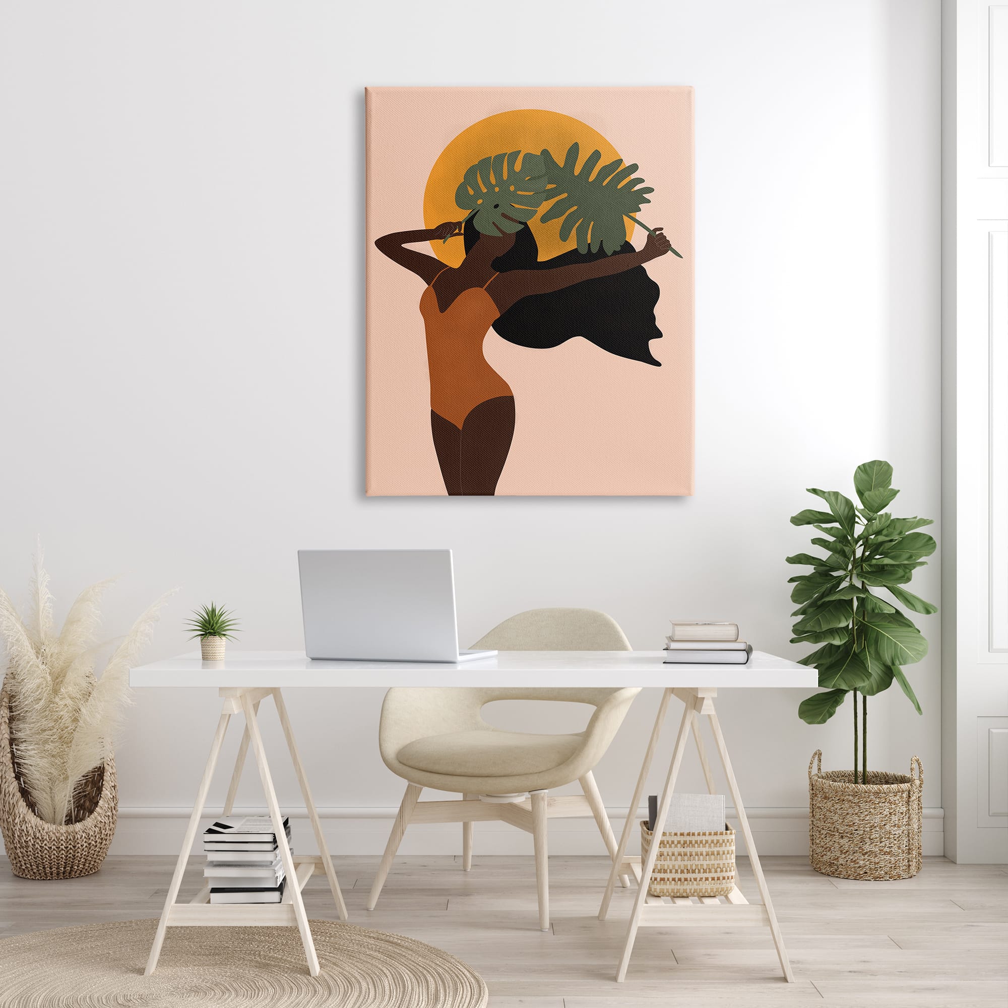 Stupell Industries Female Holding Tropical Monstera Leaf under Sun Canvas Wall Art