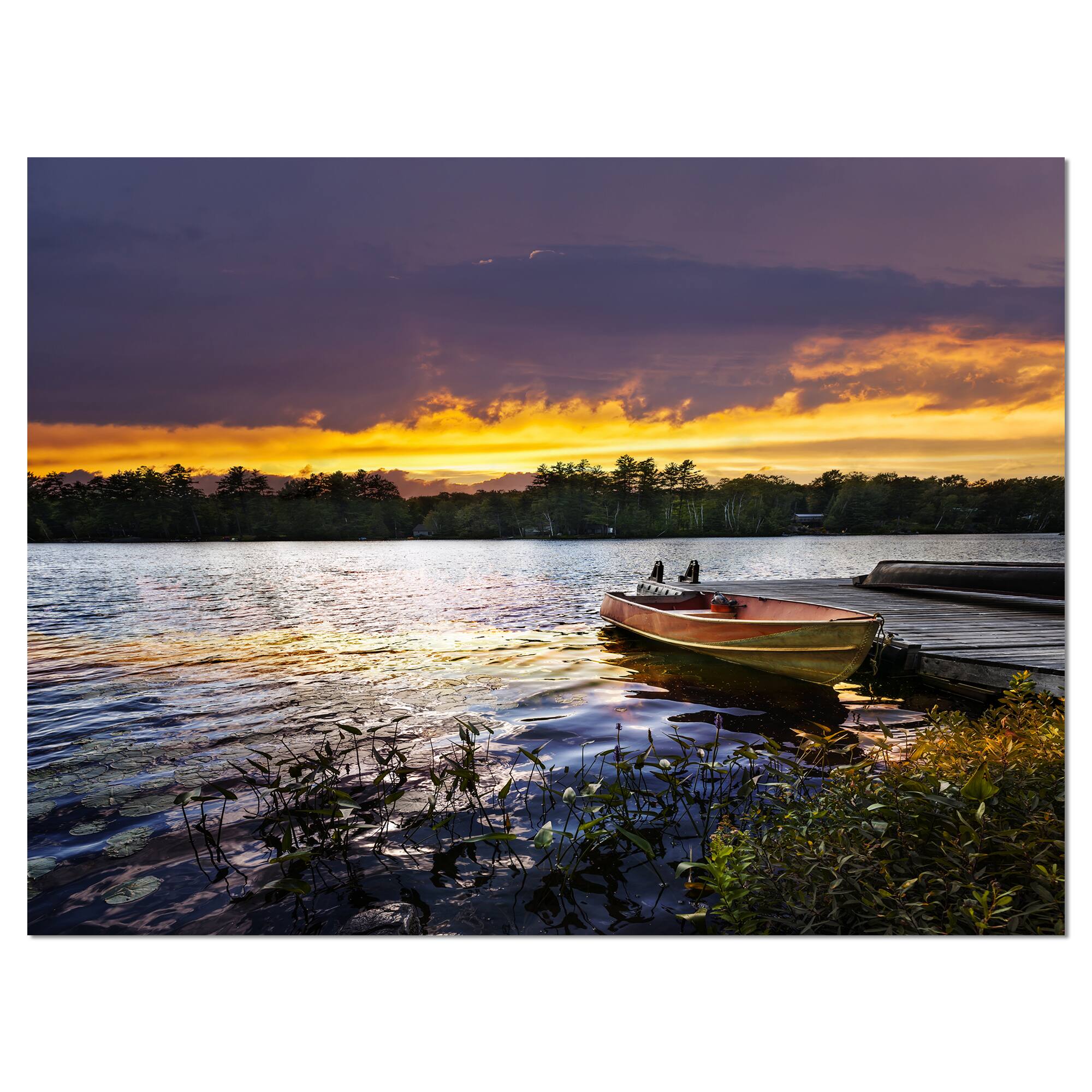 Designart - Boat Docked in Lake at Sunset
