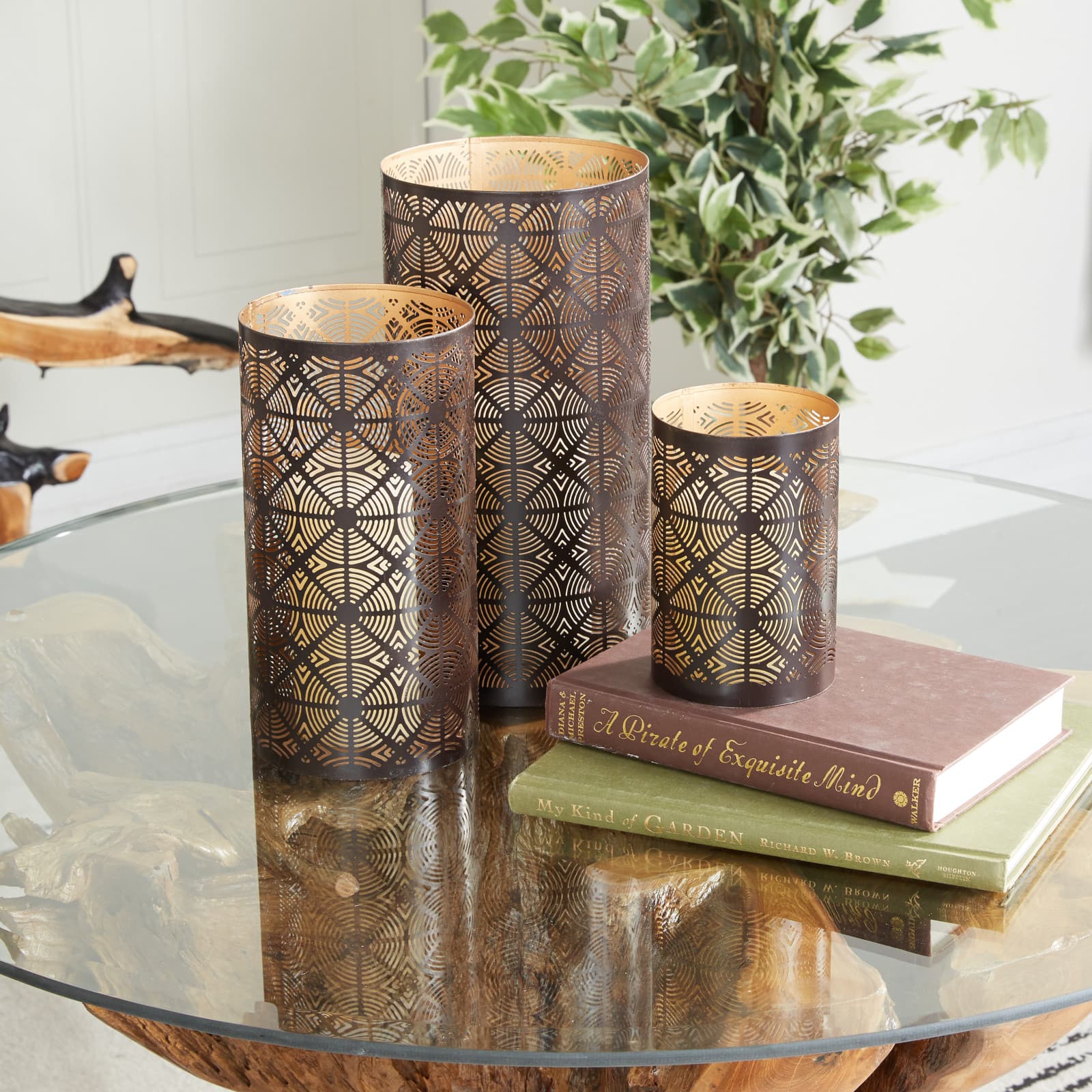 Set of 3" Brown Metal Eclectic Lantern, 12", 10", 6"