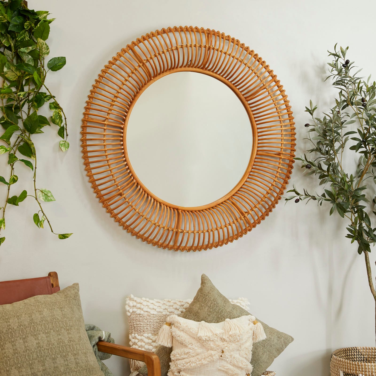 Brown Rattan Bohemian Wall Mirror, 39" x 4" x 39"