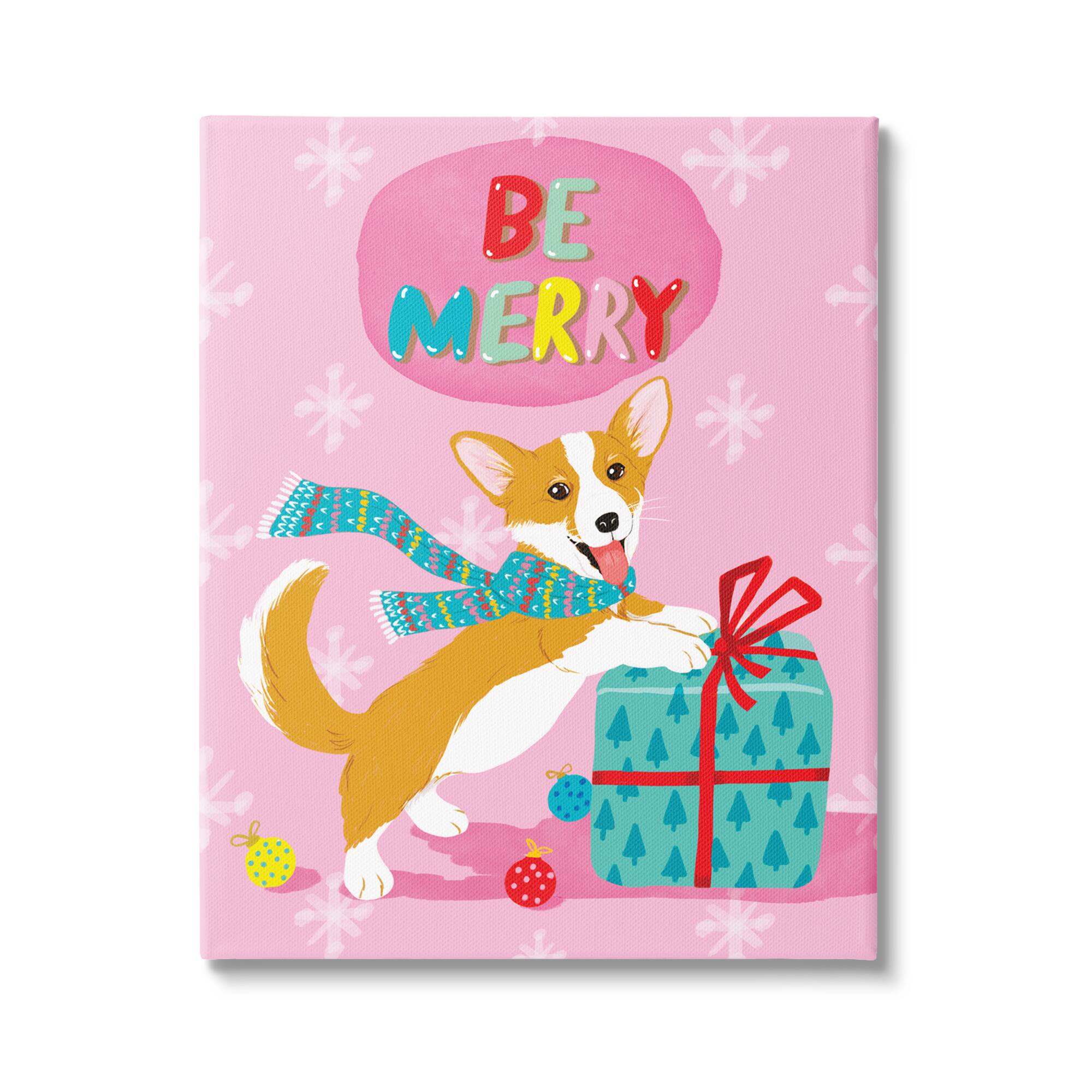 Stupell Industries Be Merry Smiling Puppy Gift Canvas Wall Art