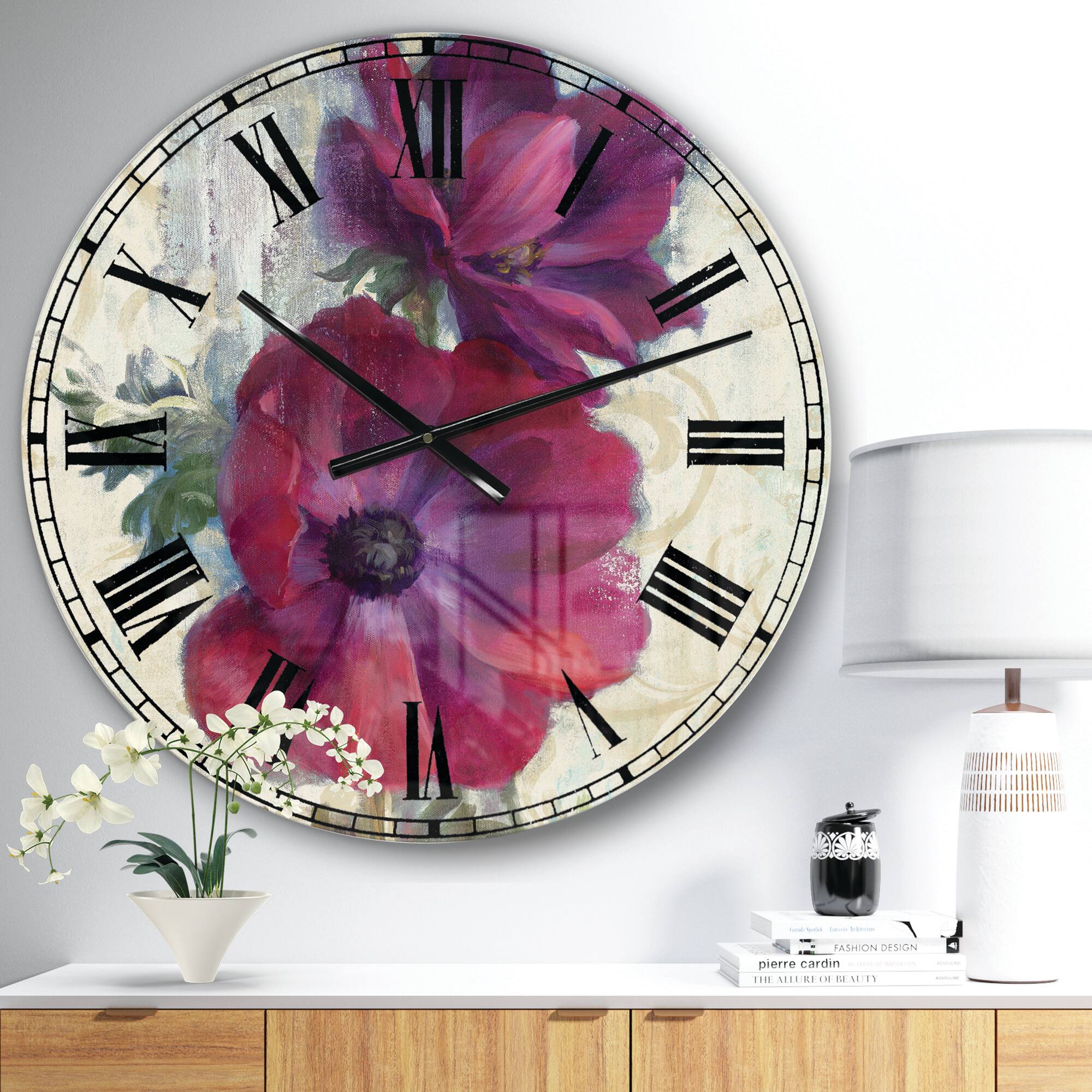 Designart 'Red Handpainted Anemone Flower Farmhouse Wall Clock