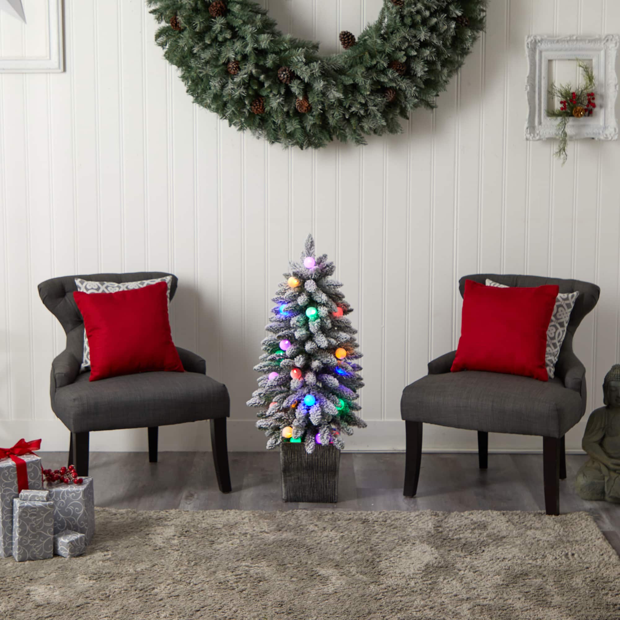 3ft. Pre-Lit Flocked Highland Fir Artificial Christmas Tree in Decorative Planter, Multicolor 20 LED Lights