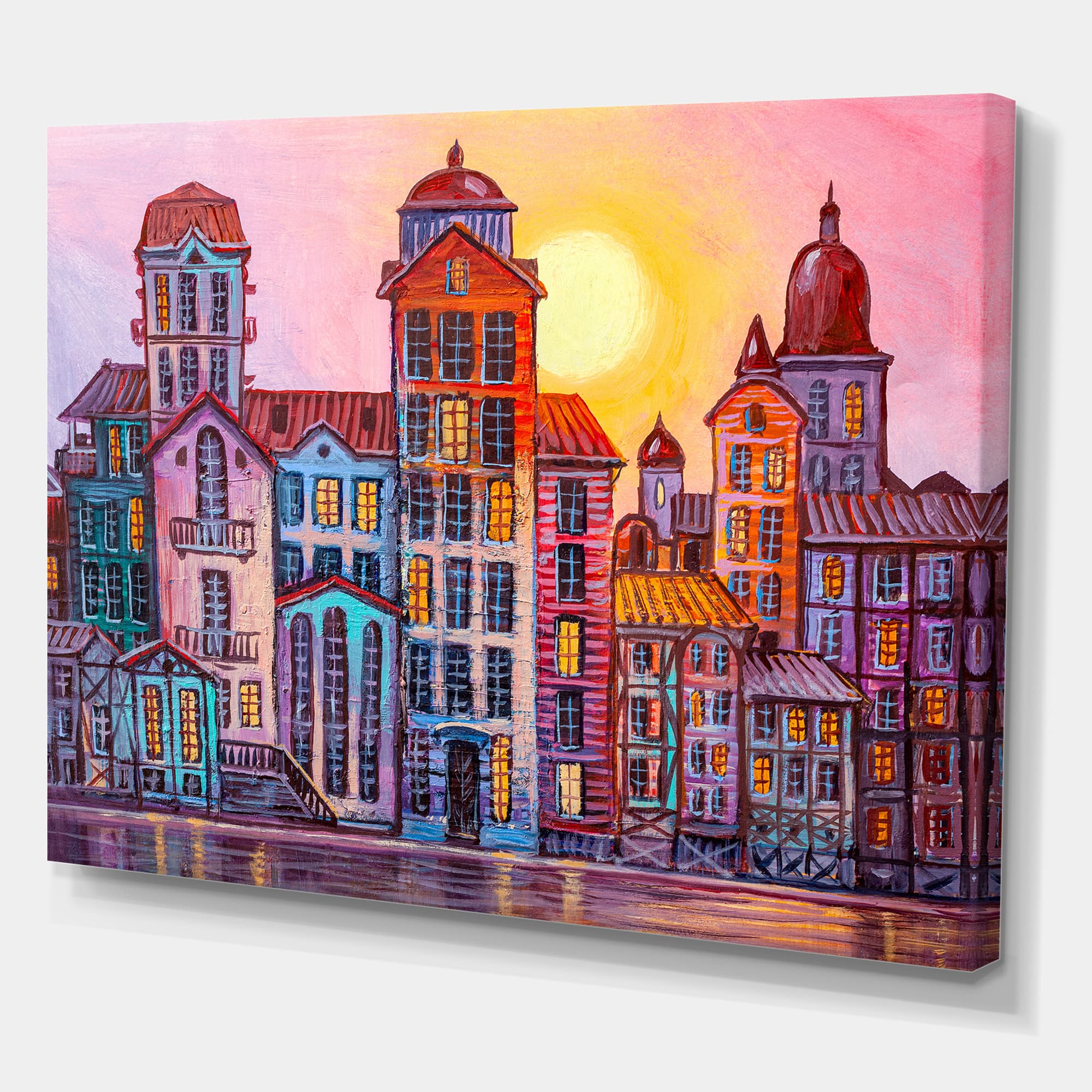 Designart - Street Scene In Old Town With Colorful Buildings - Mid-Century Modern Canvas Wall Art Print