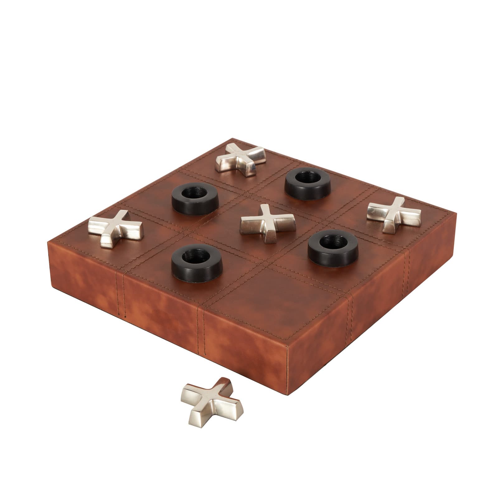 12" Brown Faux Leather Tic Tac Toe Game Set