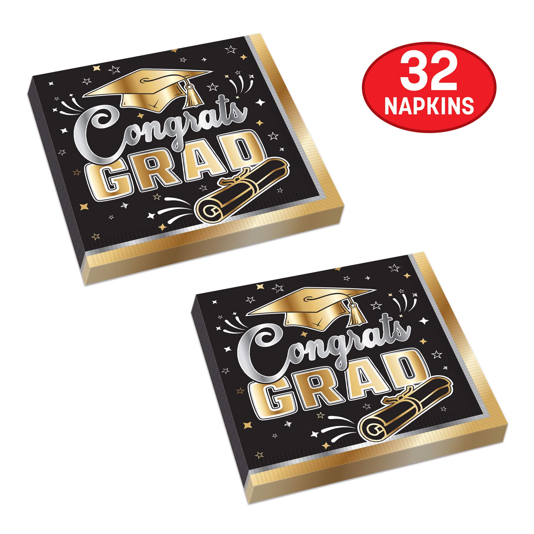 Beistle 6.5" x 6.5" Black & Gold Graduation 2-Ply Luncheon Napkins, 32ct.