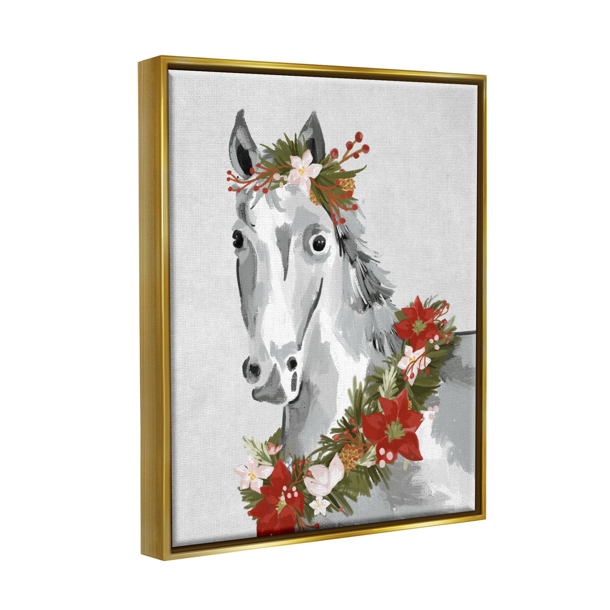 Stupell Industries Festive Holiday Horse Holly Wreath Framed Floater Canvas Wall Art
