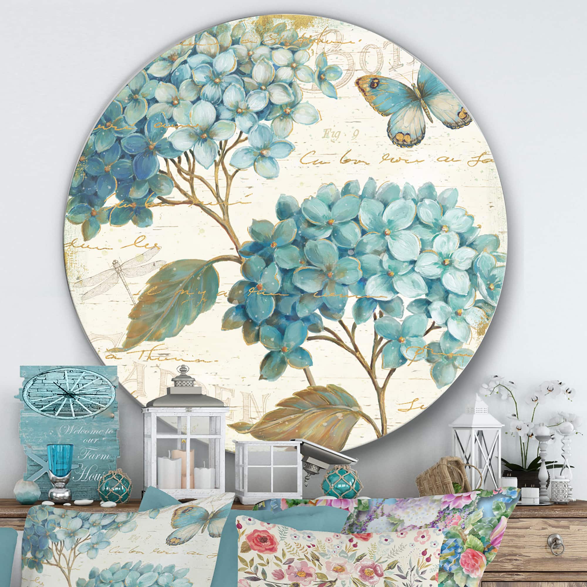 Designart - butterfly Blue Garden I - Farmhouse Metal Circle Wall Art