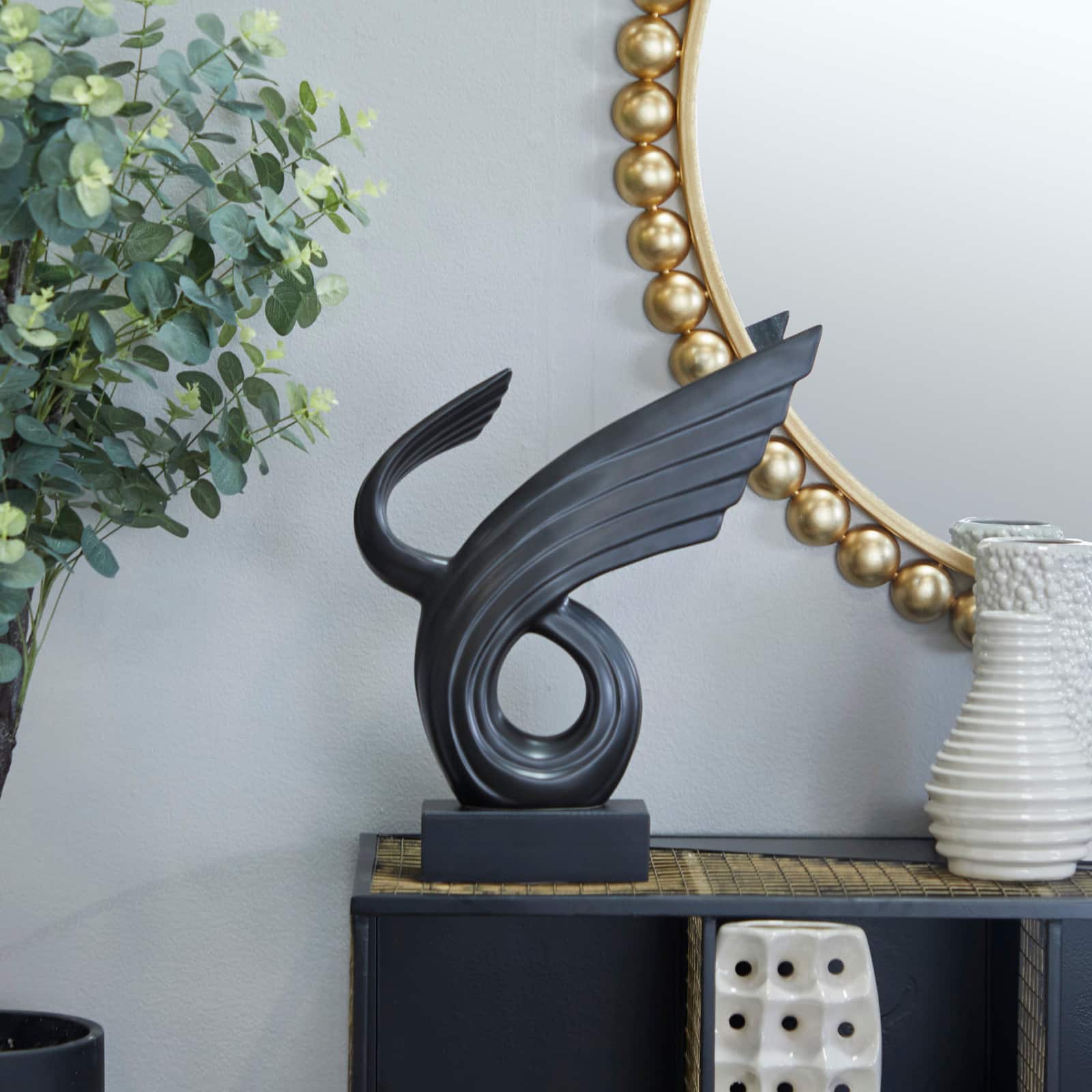 15" Porcelain Wing Abstract Sculpture with Black Base