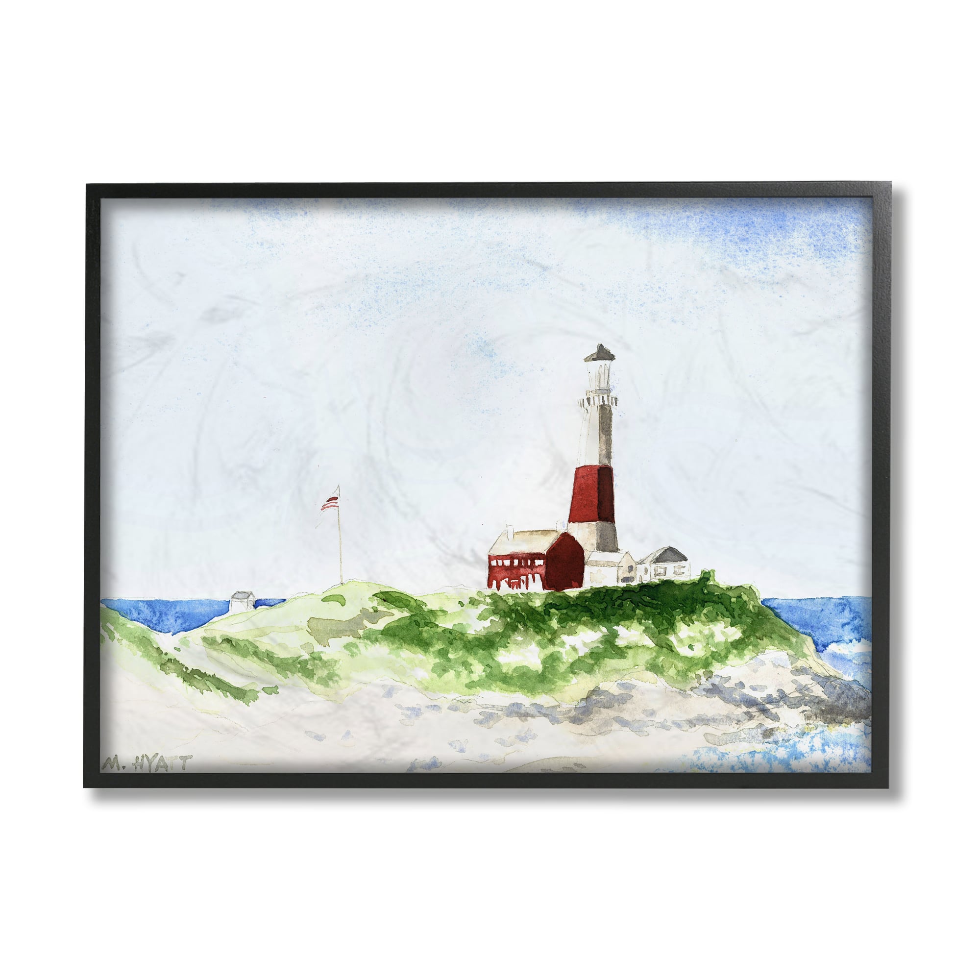 Stupell Industries Red Striped Lighthouse on Coastal Cliff in Black Frame Wall Art in Blue | 24" x 30" | Michaels&reg;