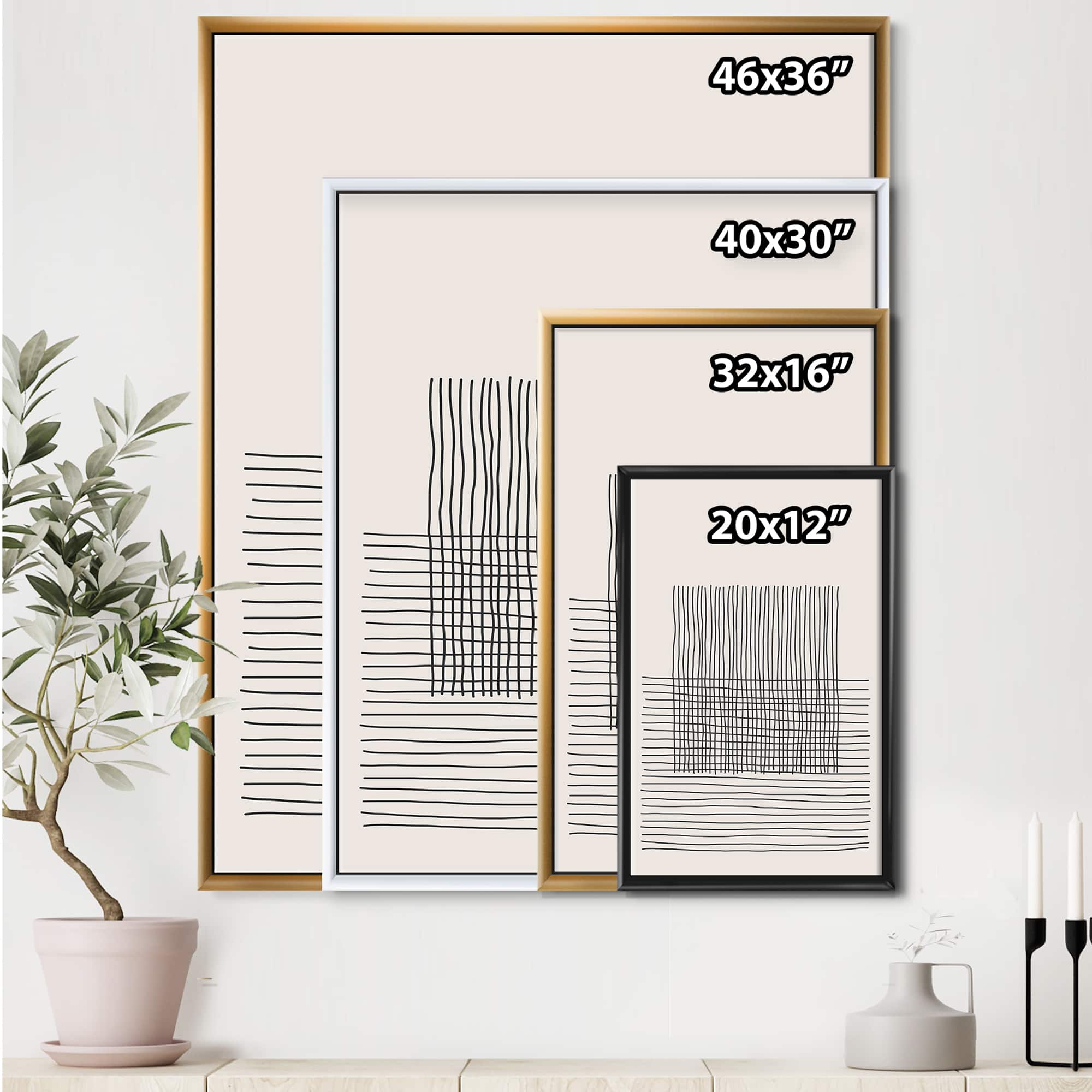 Designart - Minimal Geometric Lines And Squares V - Modern Canvas Wall Art Print in Black Frame
