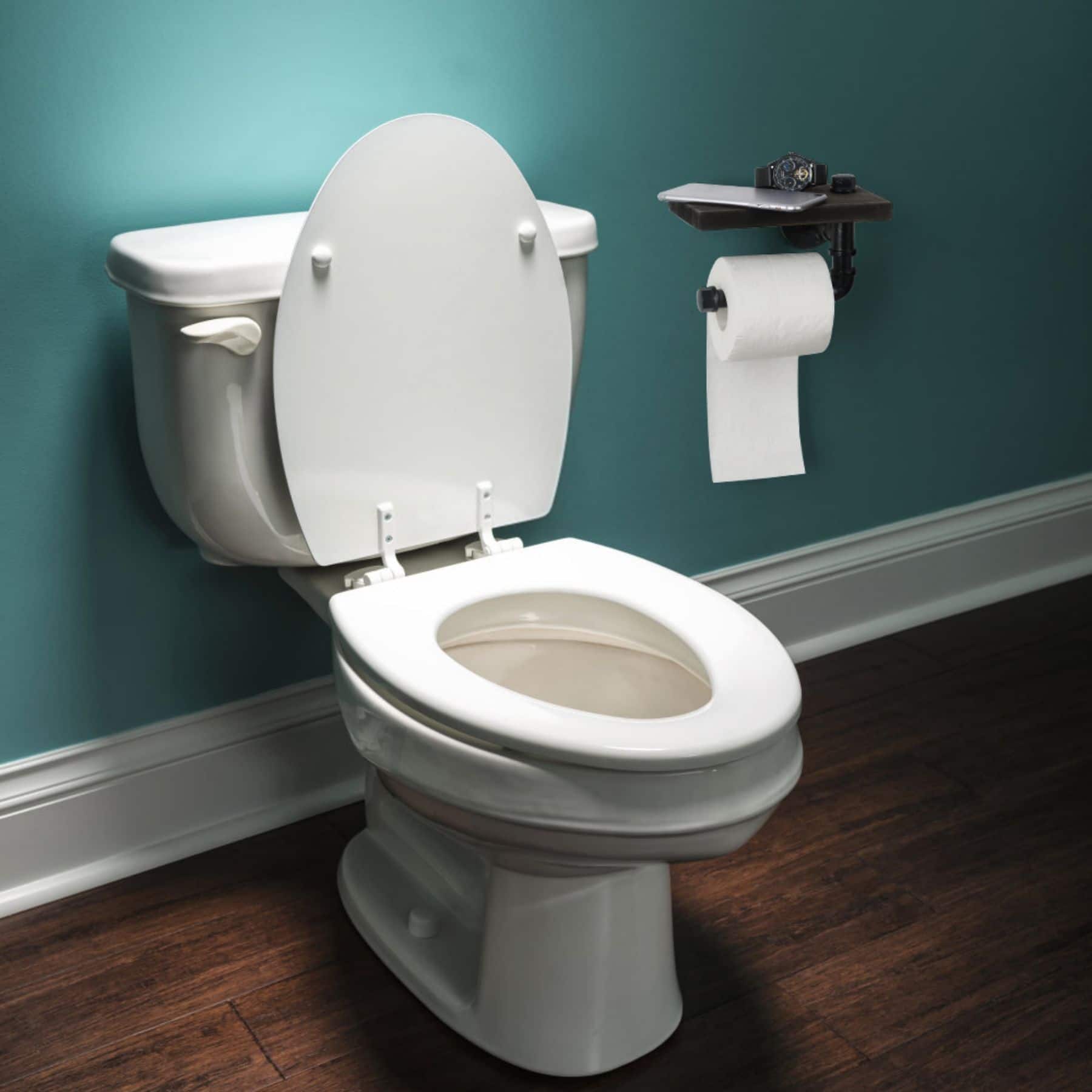 Black Wall Mounted Toilet Paper Holder with Rustic Wooden Shelf