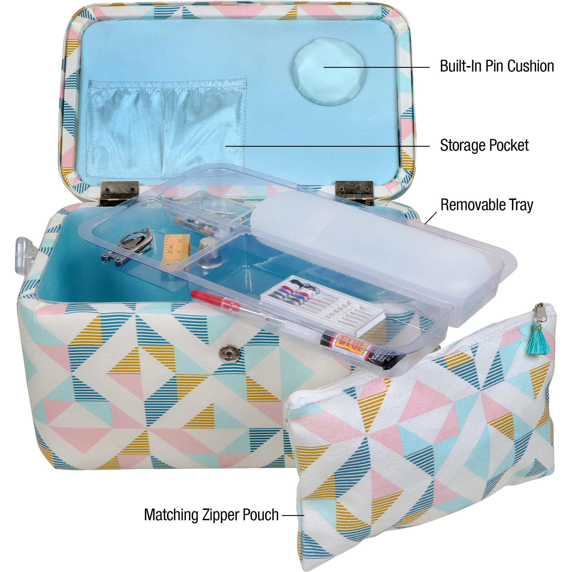 SINGER® Large Abstract Geo Print Sewing Basket with Matching Pouch Sew Kit