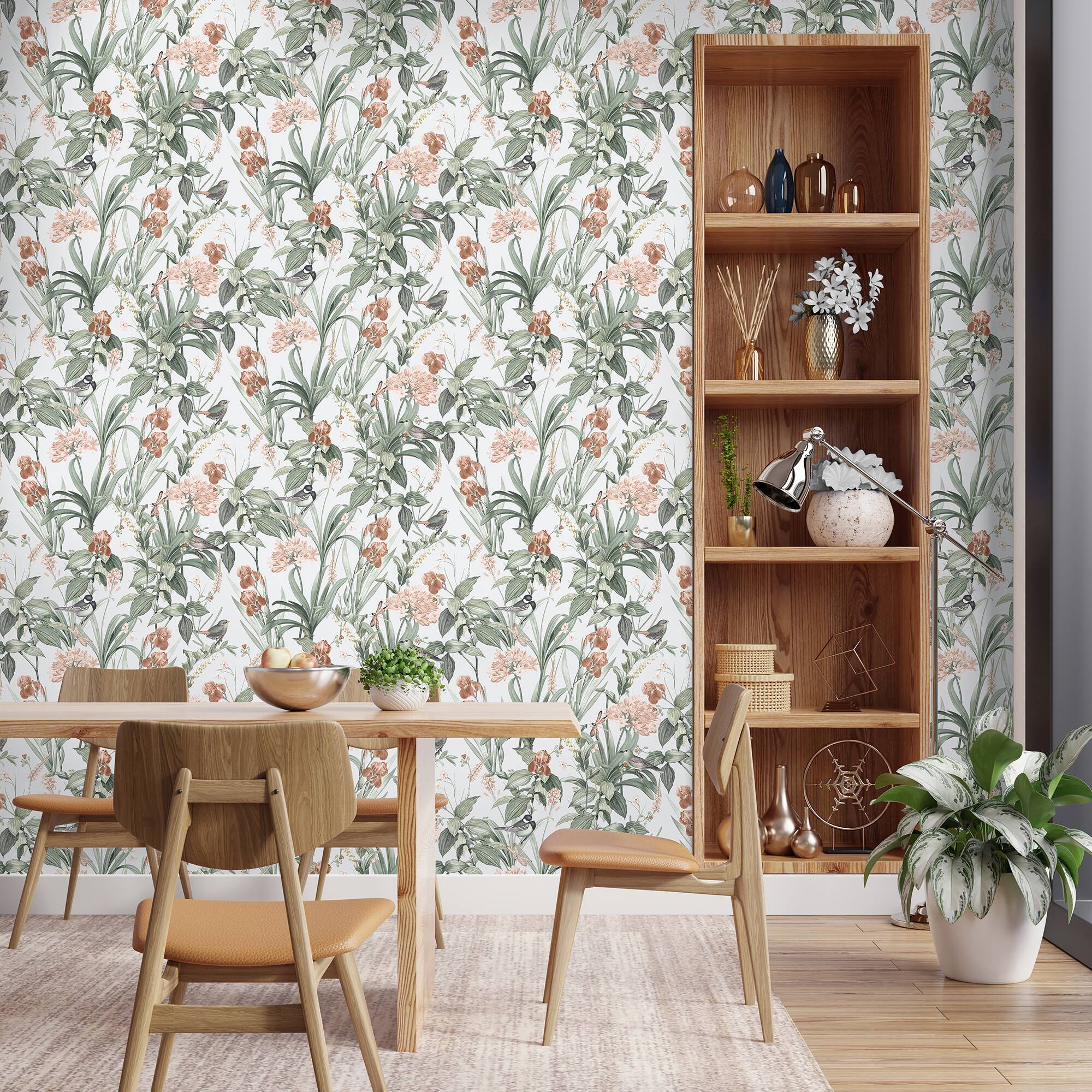 Designs Direct Mint Birds & Dragonflies Botanical Wallpaper