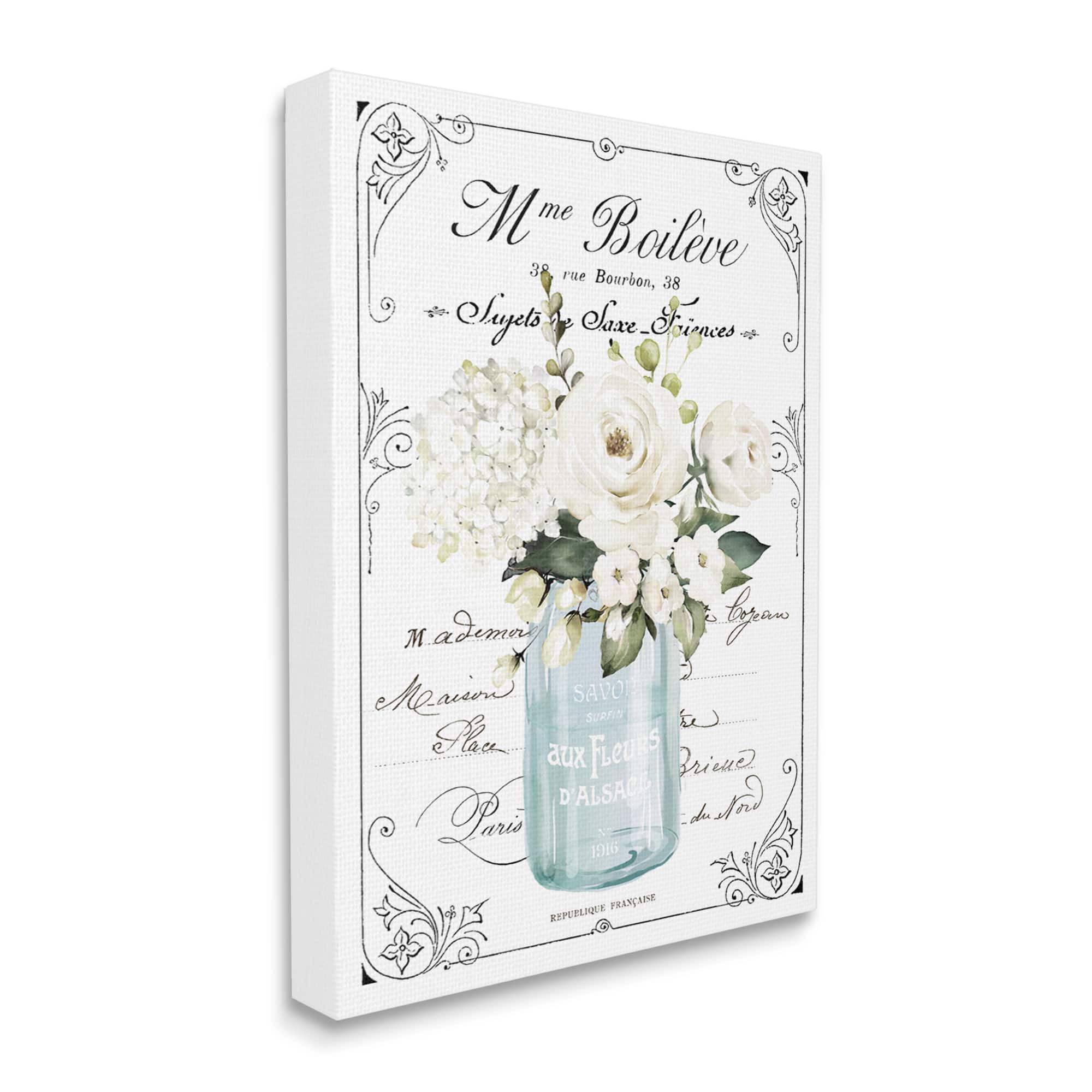Stupell Industries Vintage Parisian Floral Bouquet White Farmhouse Flowers Canvas Wall Art