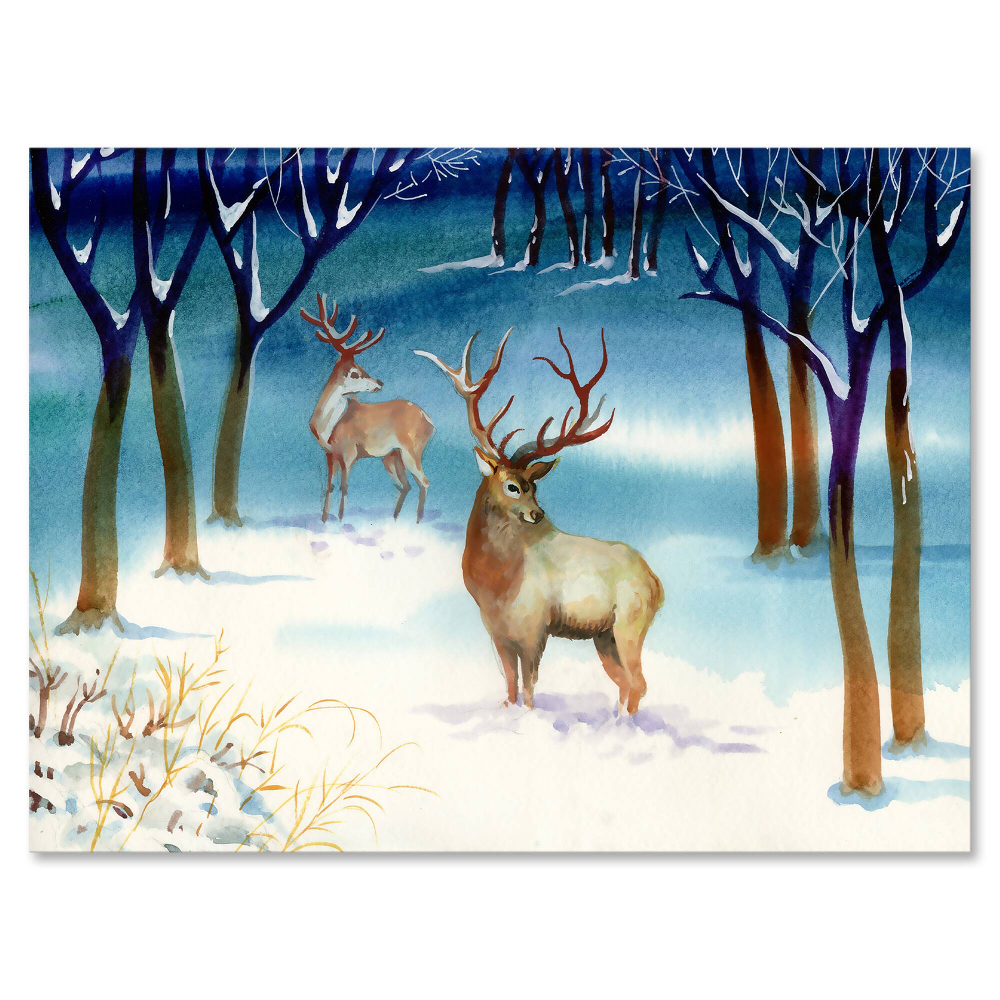 Designart - Winter Landscape With Deers - Traditional Canvas Wall Art Print