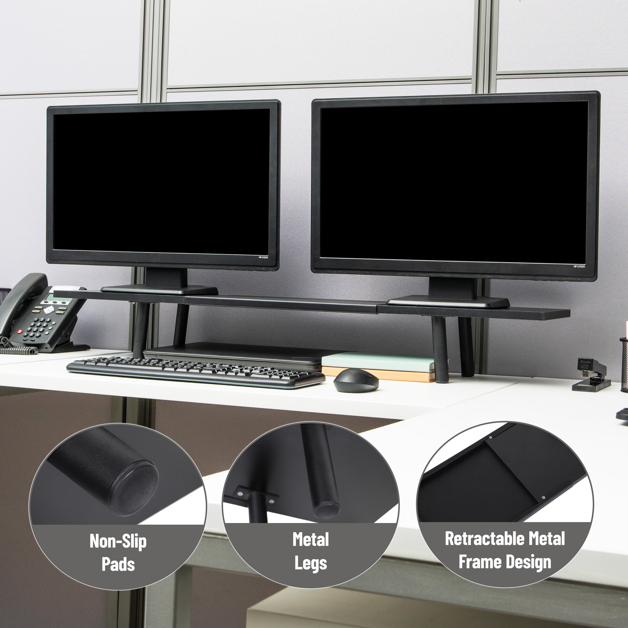 Mind Reader Extendable Monitor Stand, Adjustable Desktop Riser for Dual Monitors, Printers, Laptops, TV, 31.5–40 Inch Width, 88 lb Capacity, Metal and MDF Wood, Black