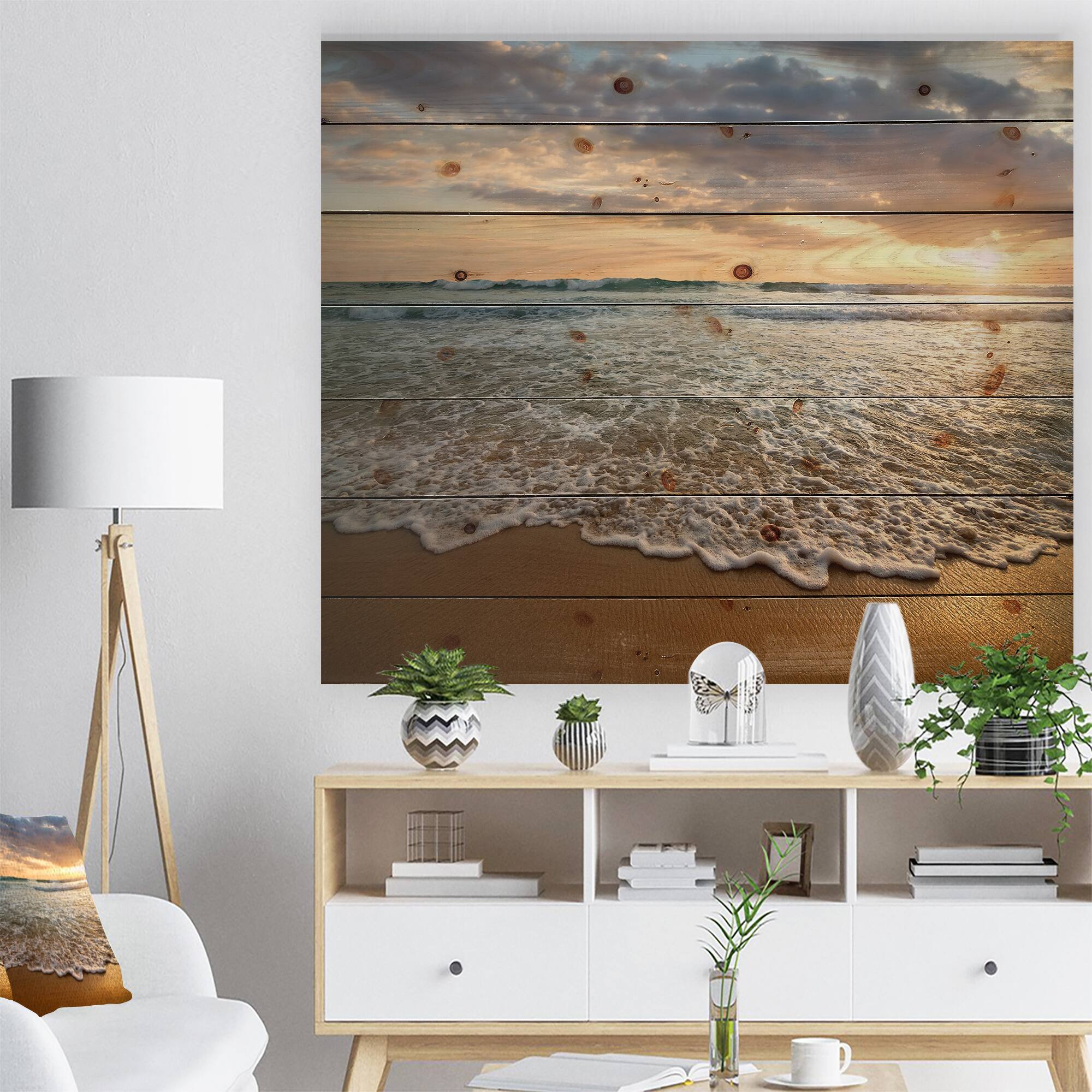 Designart - Bright Cloudy Sunset in Calm Ocean - Seashore Print on Natural Pine Wood