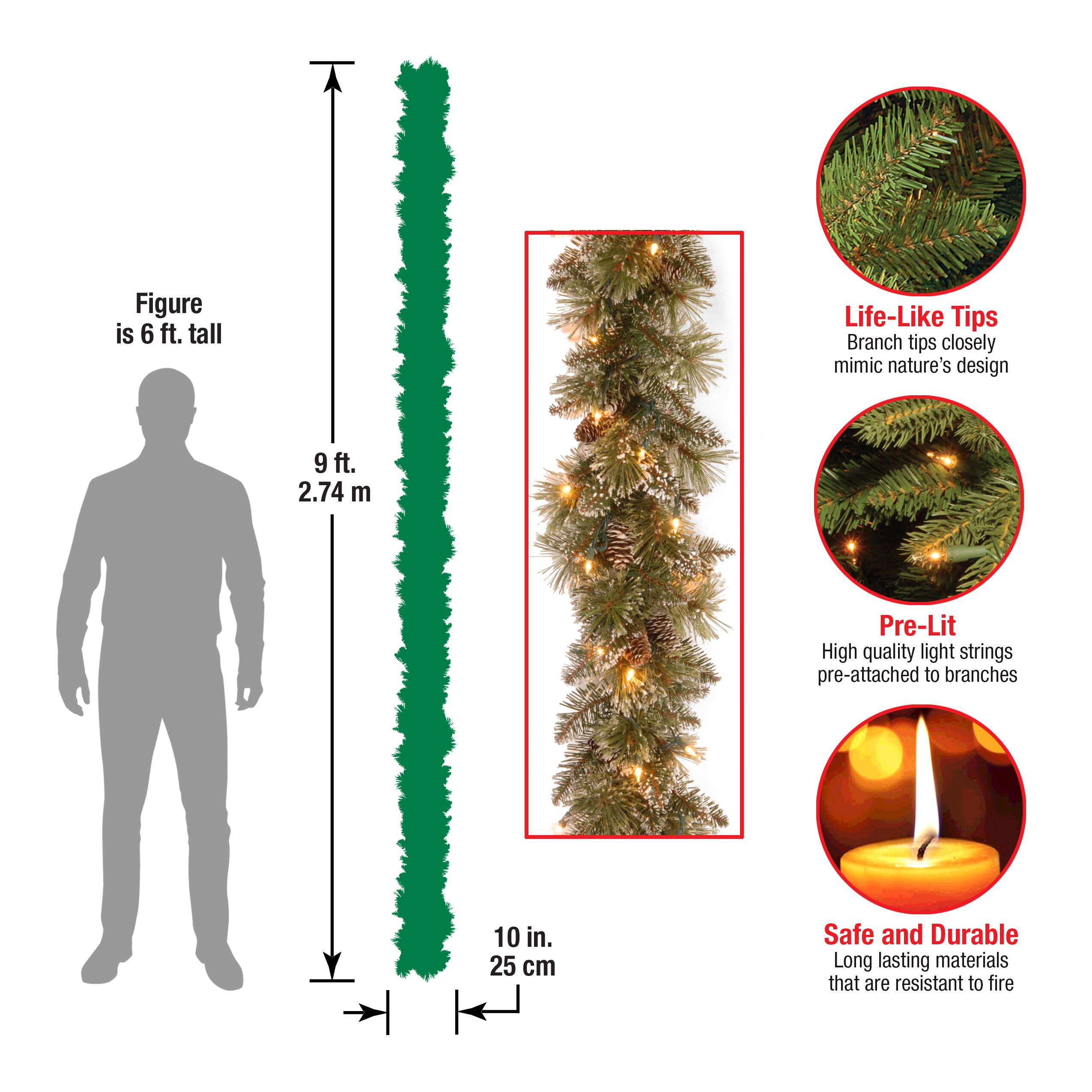 9' x 10" Pre-lit Glittery Bristle® Pine Artificial Christmas Garland with White Tipped Cones and 50 Clear Lights