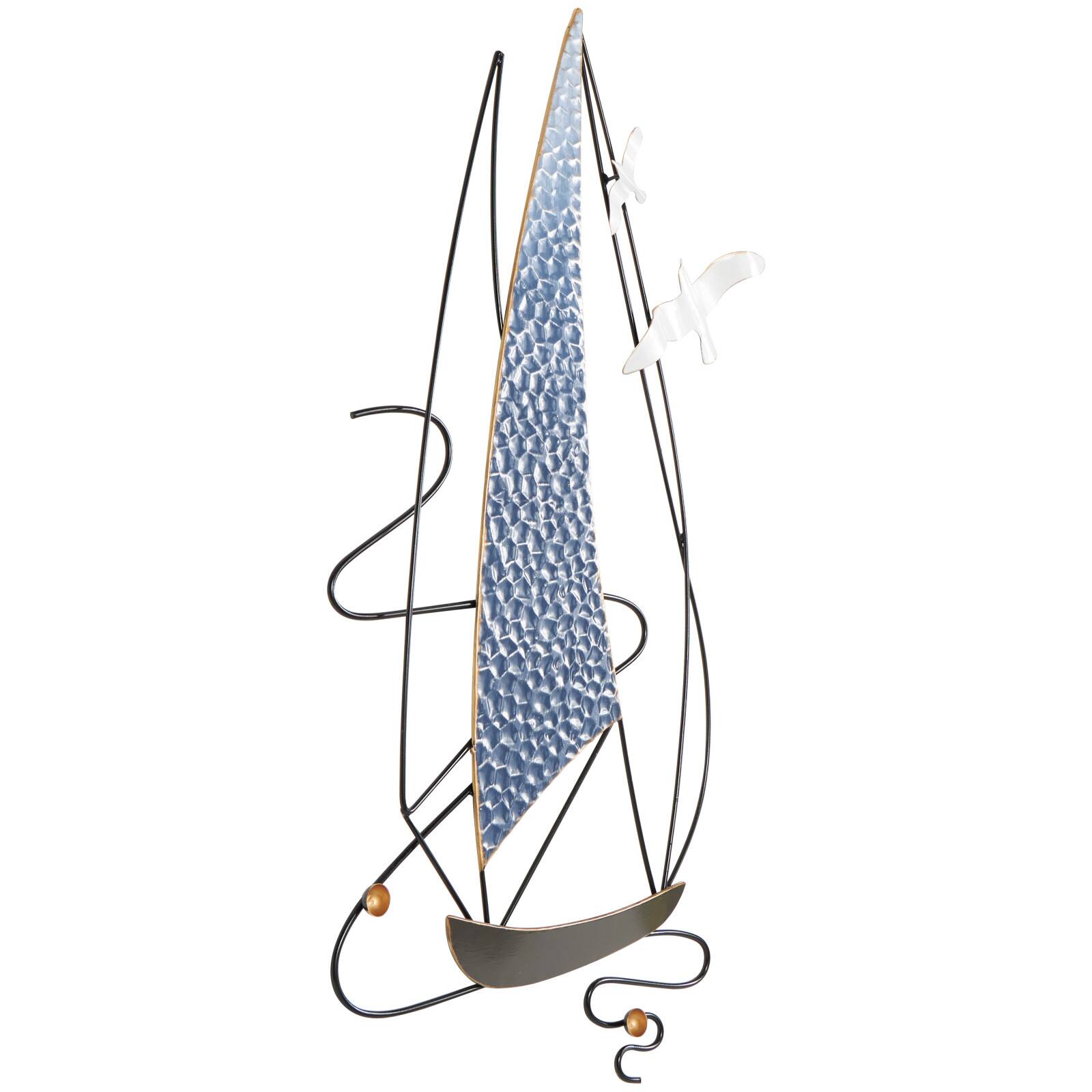 Blue Metal Sailboat Wall Decor with Black Wire Frame and White Bird Accents