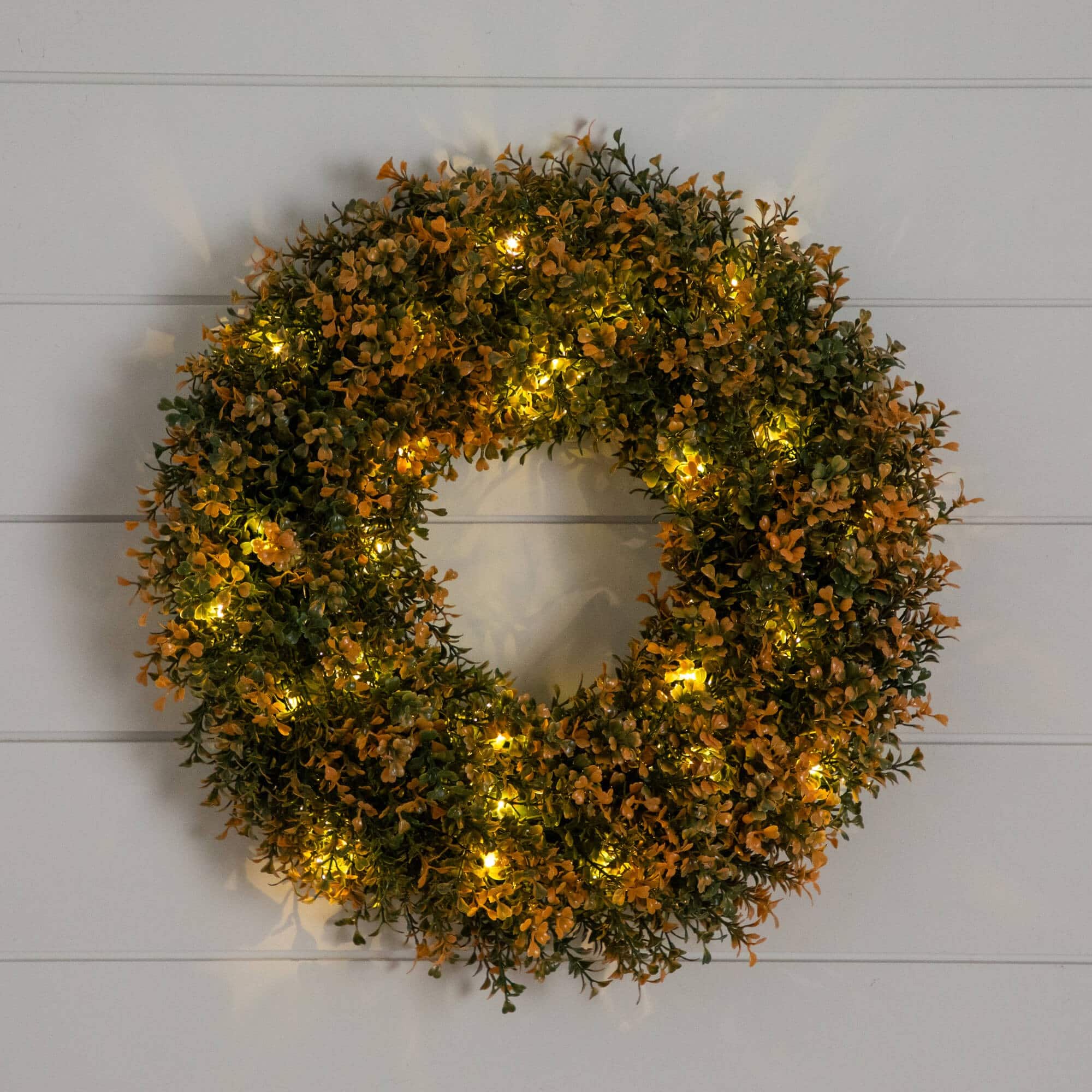 18in. Pre-Lit Autumn Boxwood Artificial Fall Wreath with 25 Warm White LED Lights