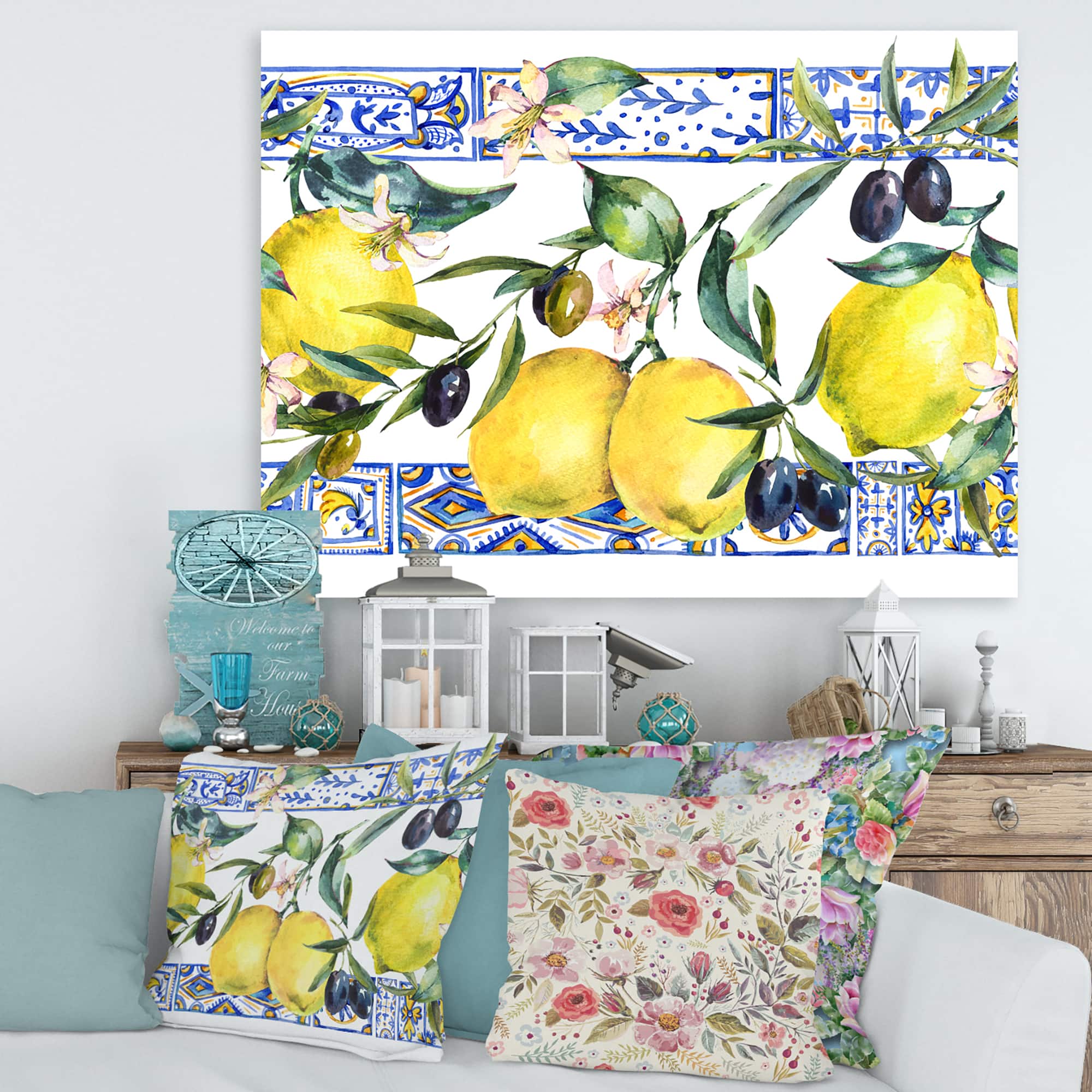 Designart - Lemon Ornament On Blue Geometrical Pattern II - Tropical Canvas Wall Art Print