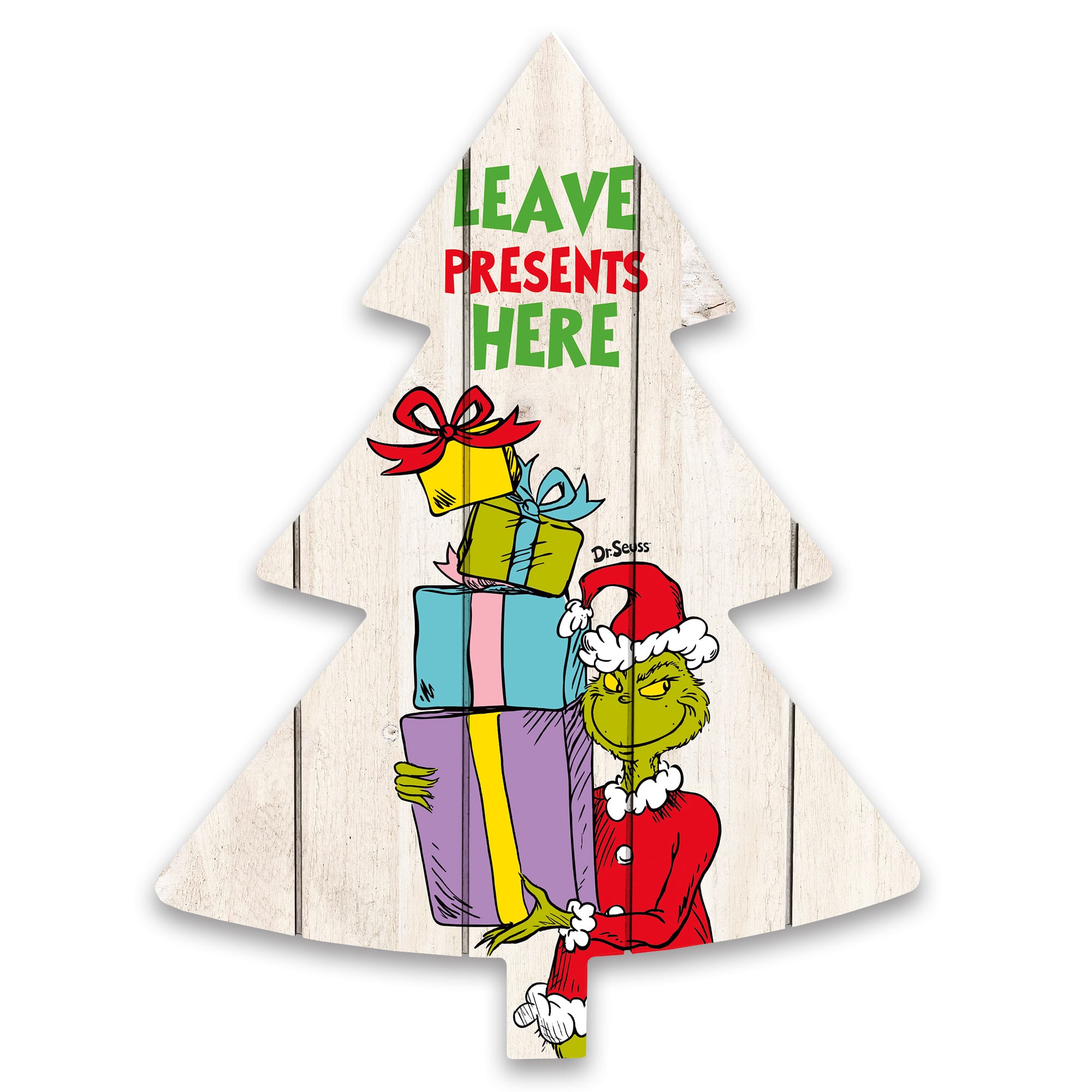 The Grinch Leave Presents Here 14" x 18.5" Dr. Seuss Tree Shaped Pallet Wood