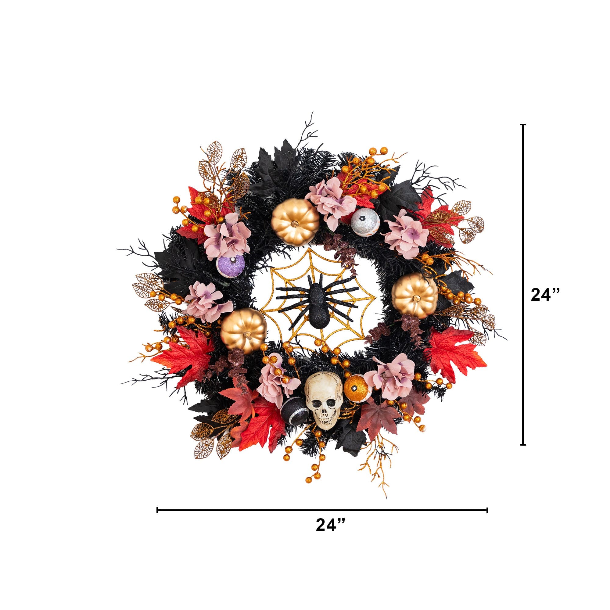 24" Artificial Halloween Wreath with Skulls, Spiders and Pumpkins