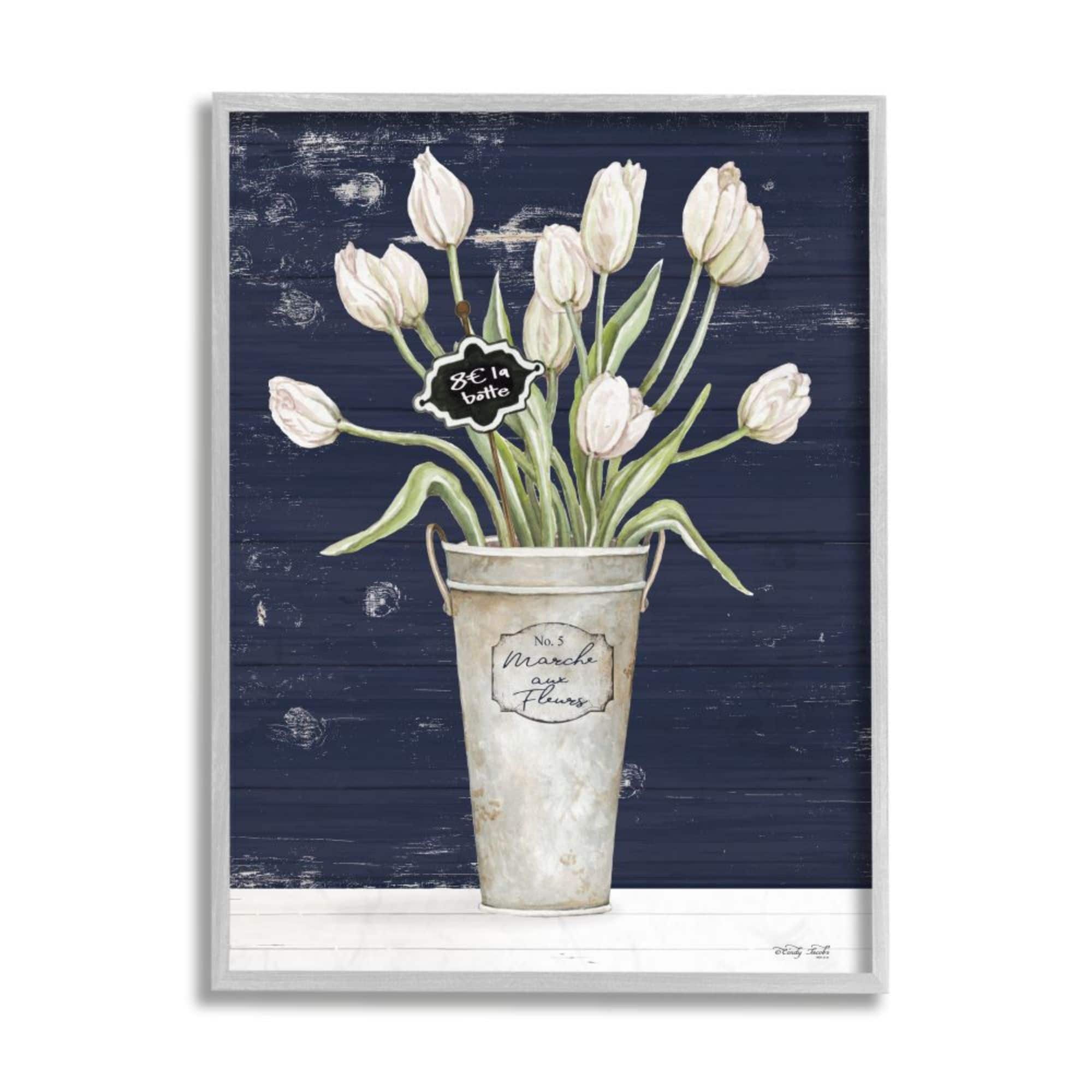 Stupell Industries Charming White Tulip Bouquet over Rustic Blue Framed Wall Art